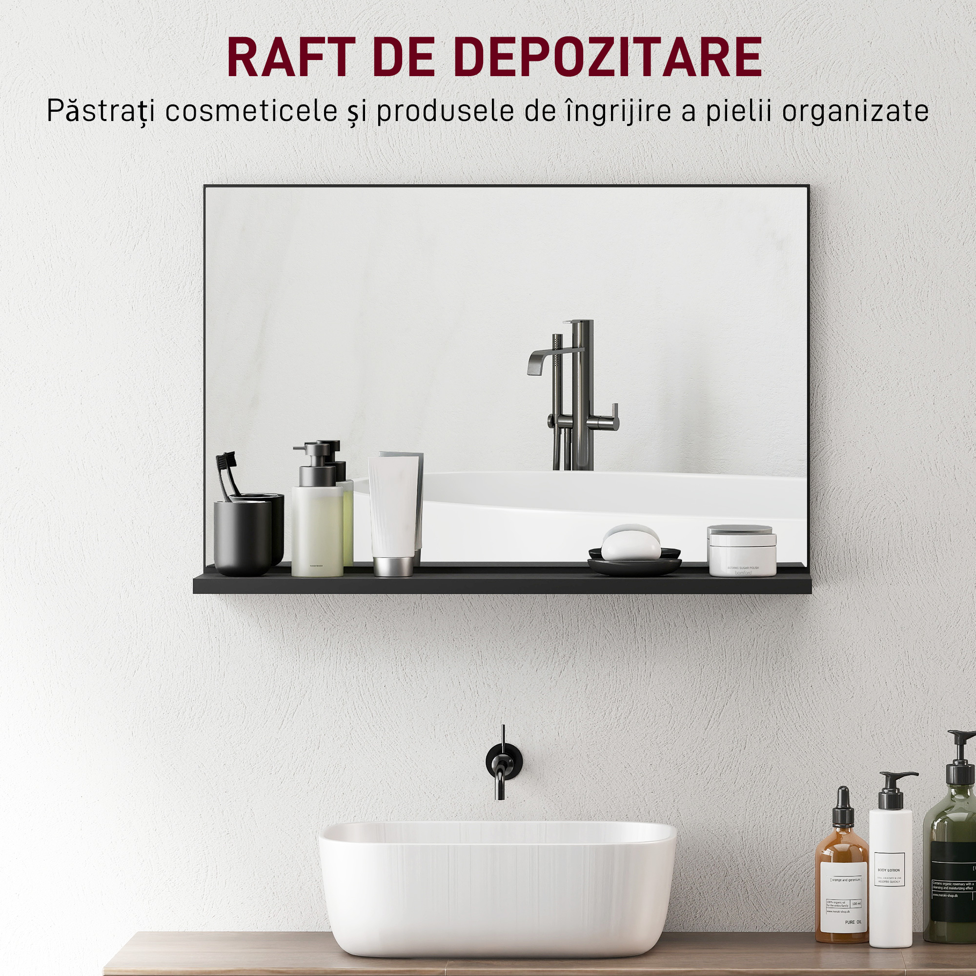  Oglinda de Baie de Perete Moderna cu Raft 60x12x40 cm Negru [4]