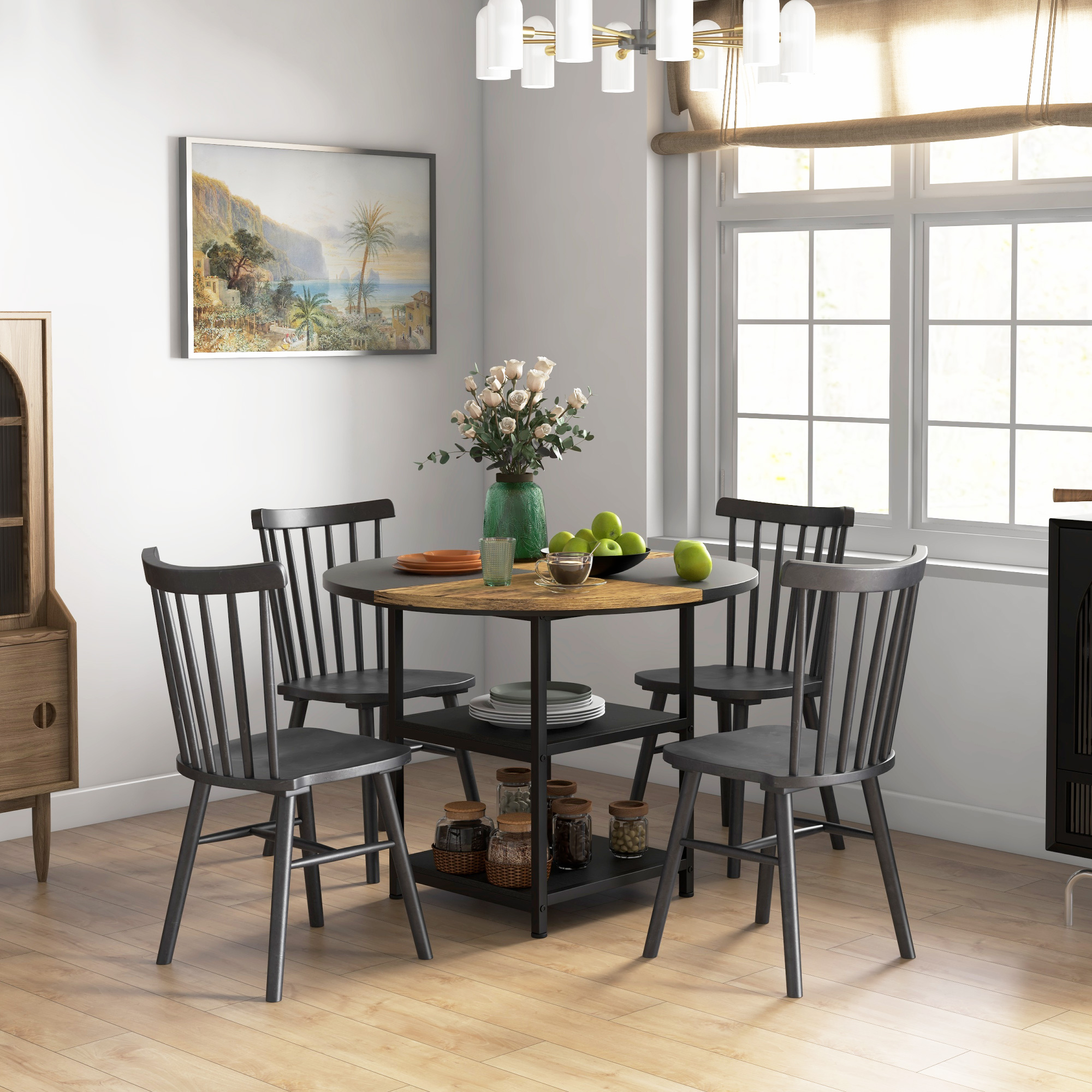  Masa Rotunda de Luat Masa pentru Persoane Masa Industriala pentru Bucatarie cu Rafturi de Depozitare pentru Sufragerie Negru [1]