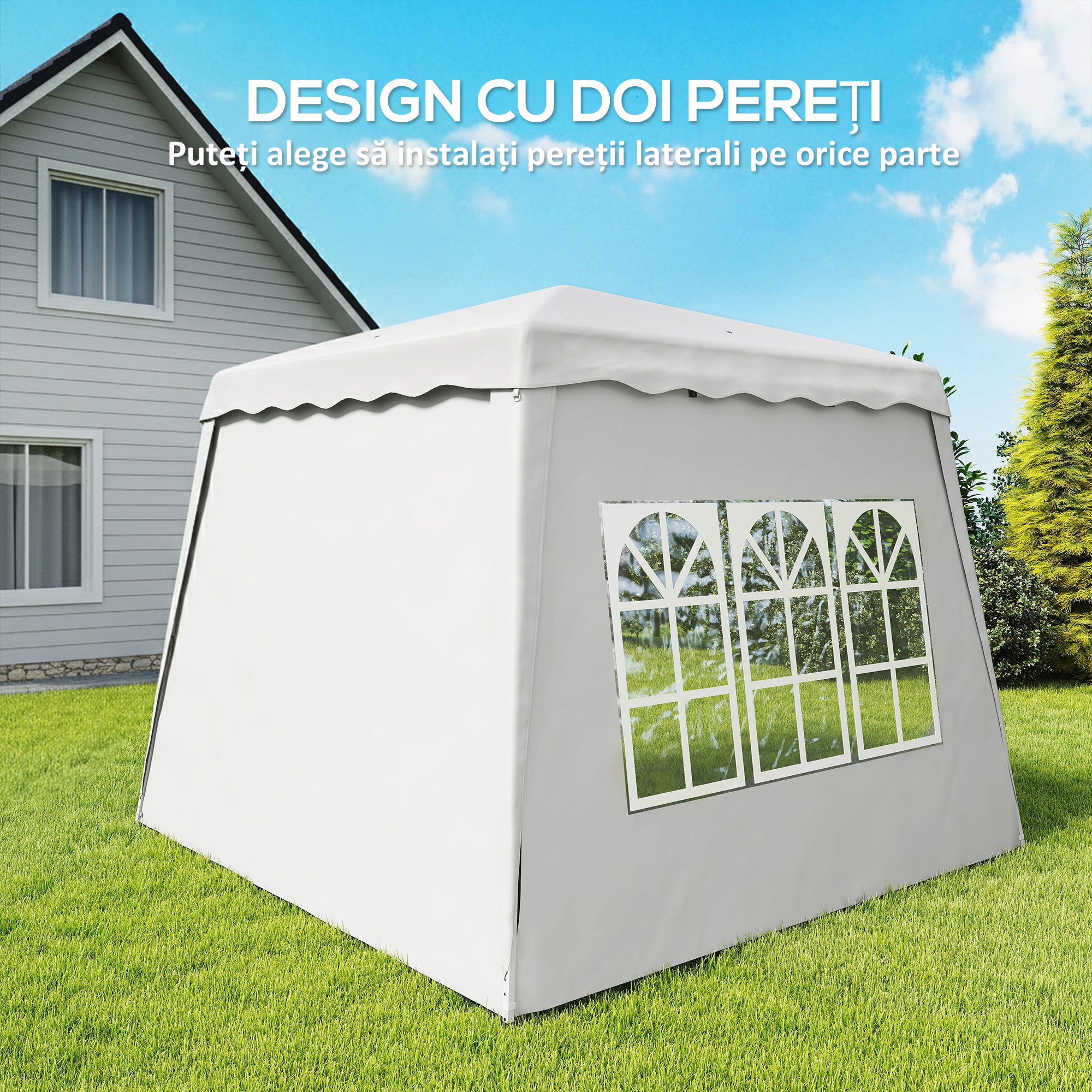  Pavilion pliabil cu 2 laterale, Stalpi oblici si geanta de transport, cort de evenimente inaltime reglabila UV50+, cort de gradina, curte, acoperis 2,4 x 2,4 m / baza 2,9 x 2,9 m, alb [3]
