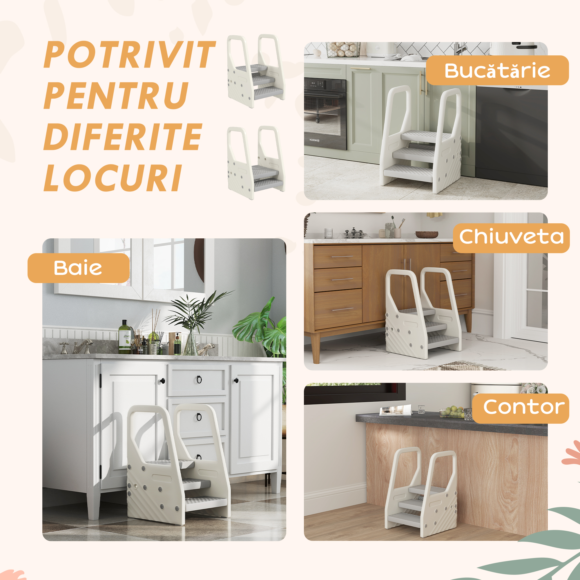  Scaunel pentru copii 2-5 ani cu 3 trepte, din HDPE, 43x42x65,5 cm, gri si alb crem [6]