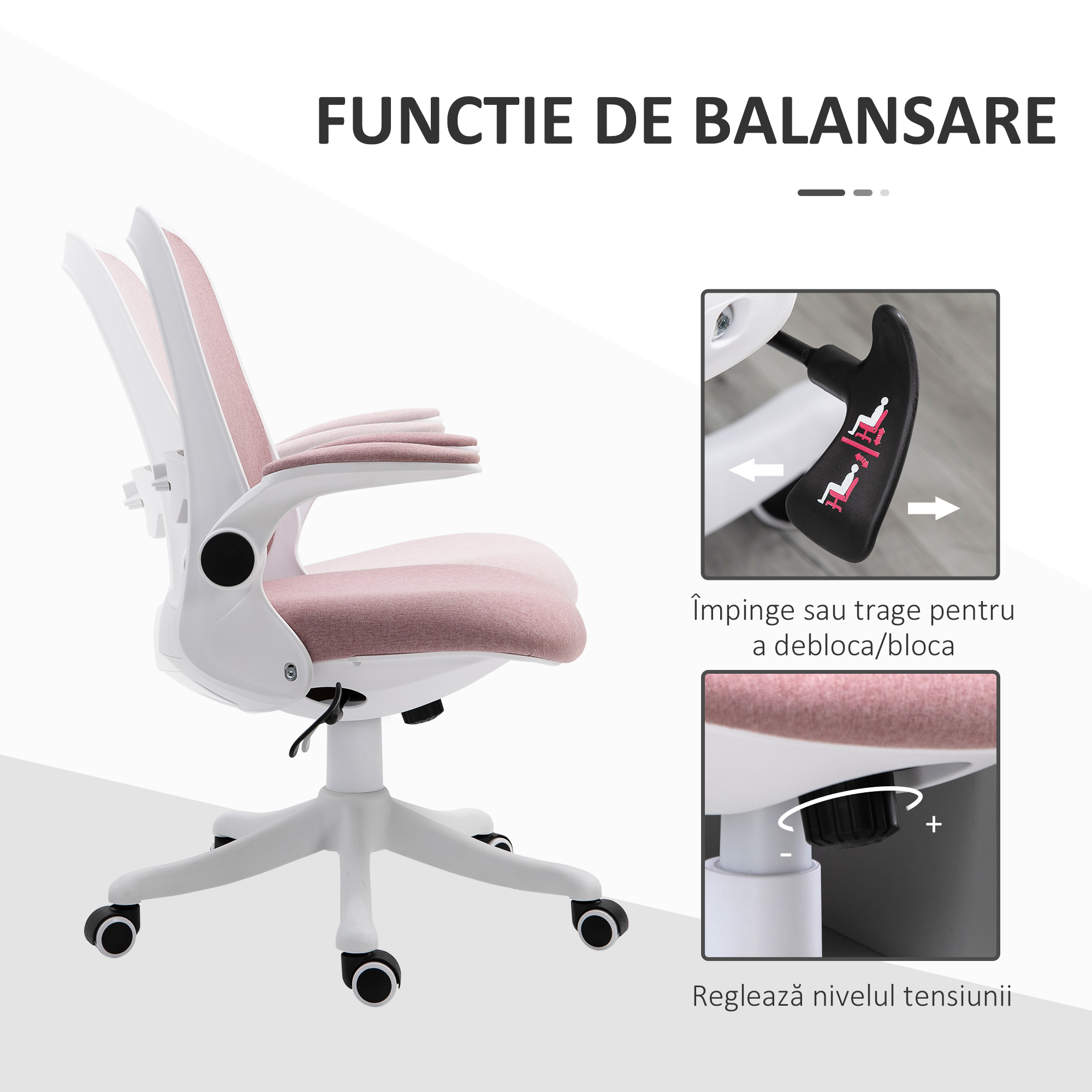  Scaun de Birou Ergonomic Reglabil pe inaltime, din Material cu Efect de Catifea, 62.5x60x94-104 cm, Alb si Roz [4]