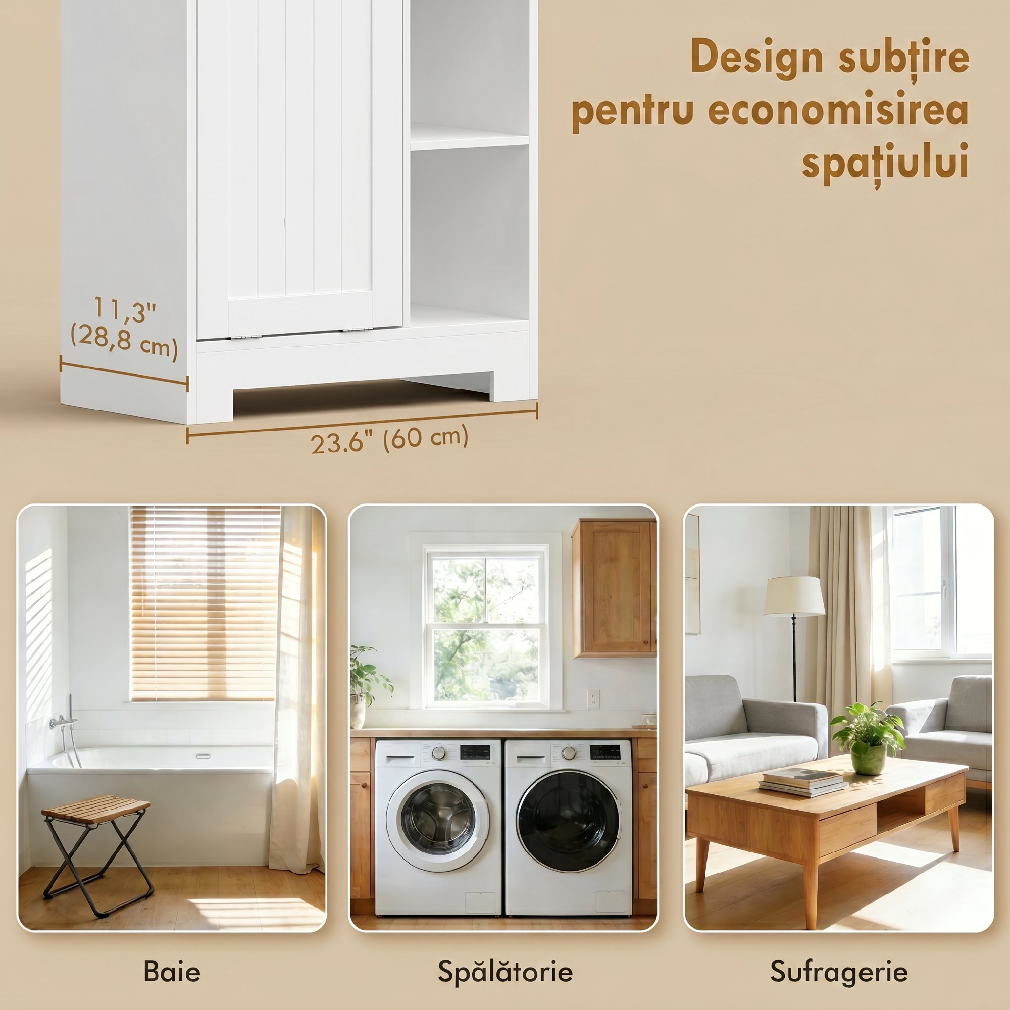 , Dulap de Podea pentru Baie, Economisitor de Spatiu, MDF, 60 x 28,8 x 171 cm, Alb [6]