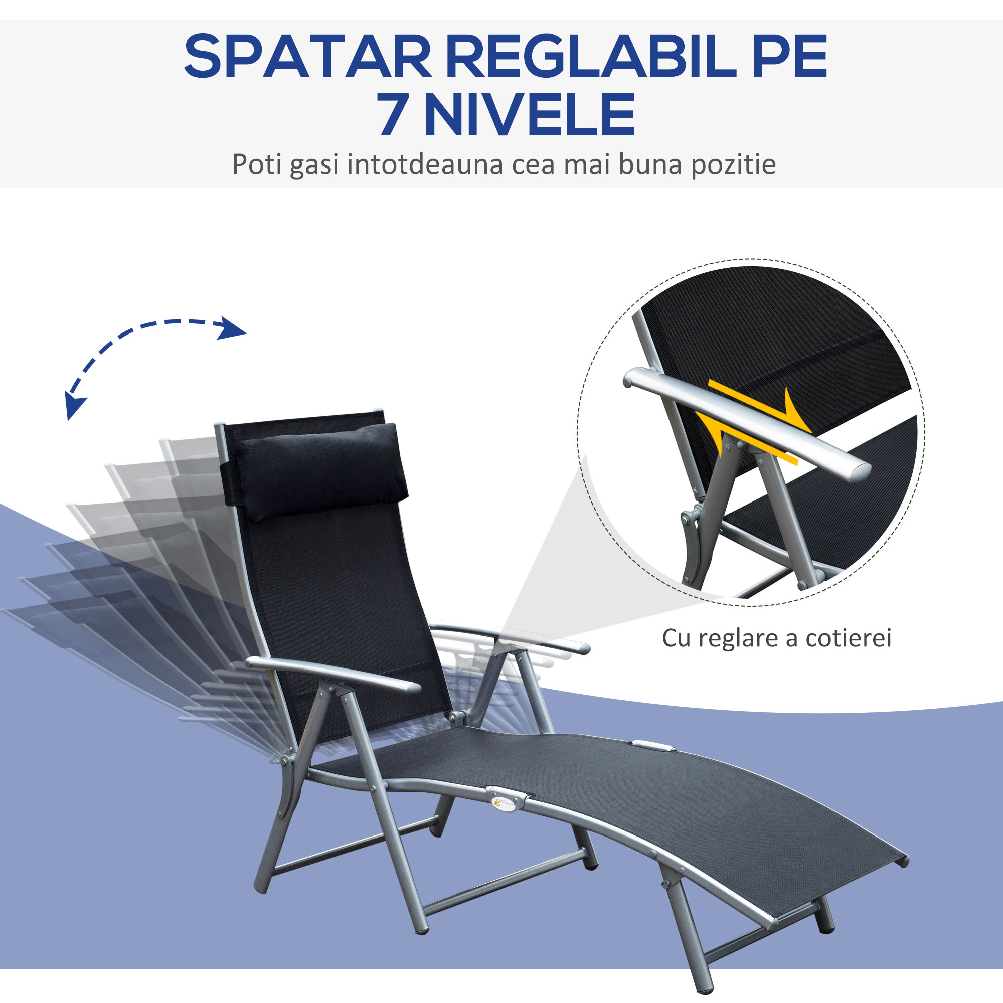  sezlong de Gradina Pliabil cu Perna si Spatar cu 7 Pozitii de inclinare, 137x63.5x100.5 cm, Negru [3]