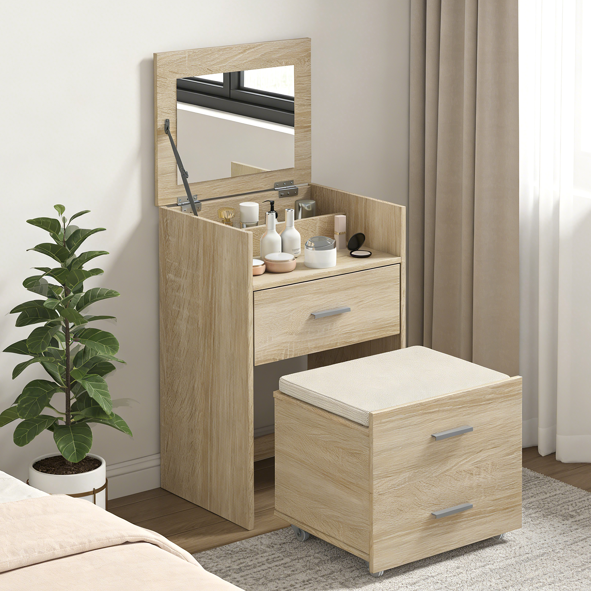  Masa de Toaleta cu Oglinda Rabatabila, Natural [7]