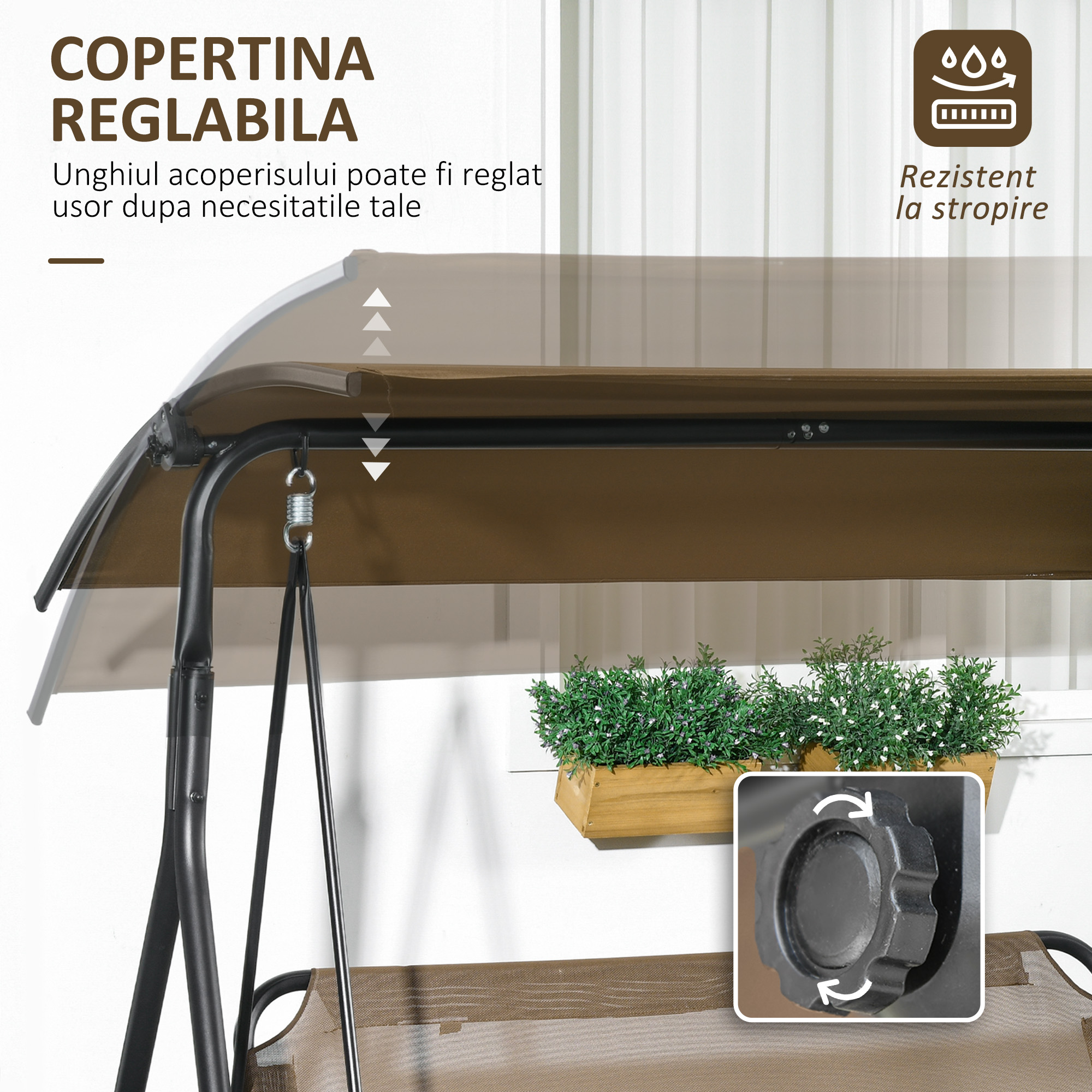  Balansoar de Gradina cu 3 Locuri si Parasolar Reglabil, 172x110x153 cm, Maro [3]