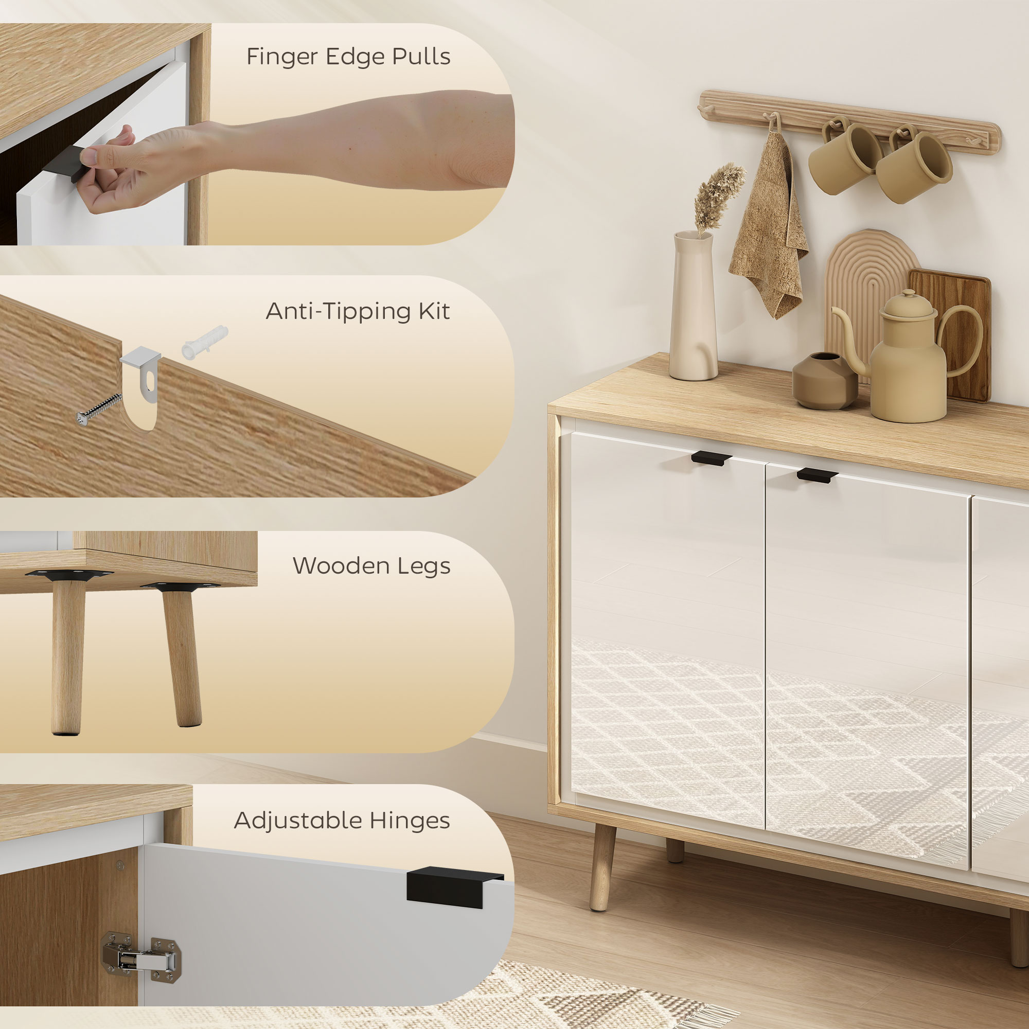  Bufet Modern cu 4 Usi si Raft Reglabil, 141x35x77 cm, Alb Lucios si Stejar [5]