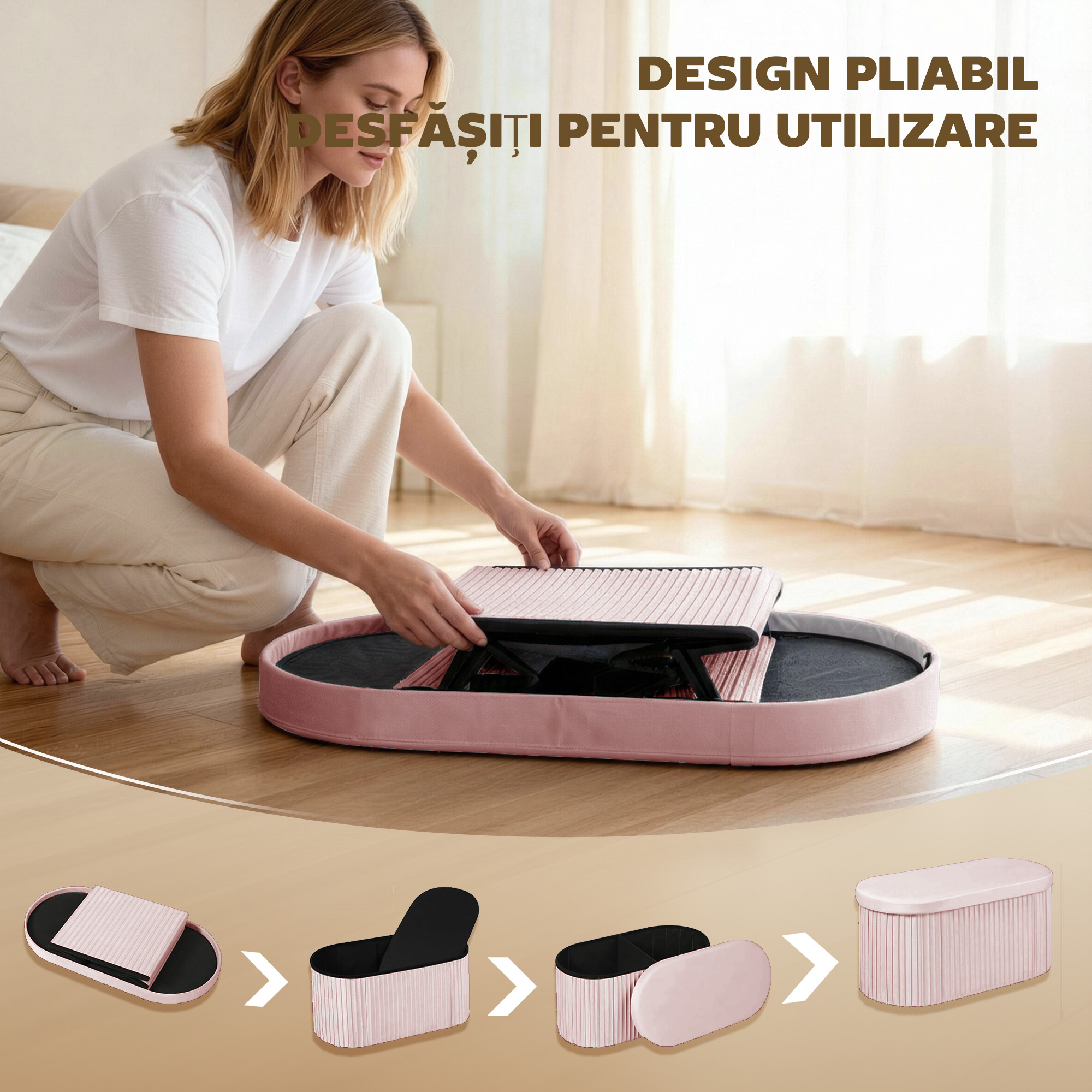  Pouf pliabil cu spatiu de depozitare modern, tapitat cu catifea, 72L, pentru living si dormitor, 76x38x35 cm, Roz [4]