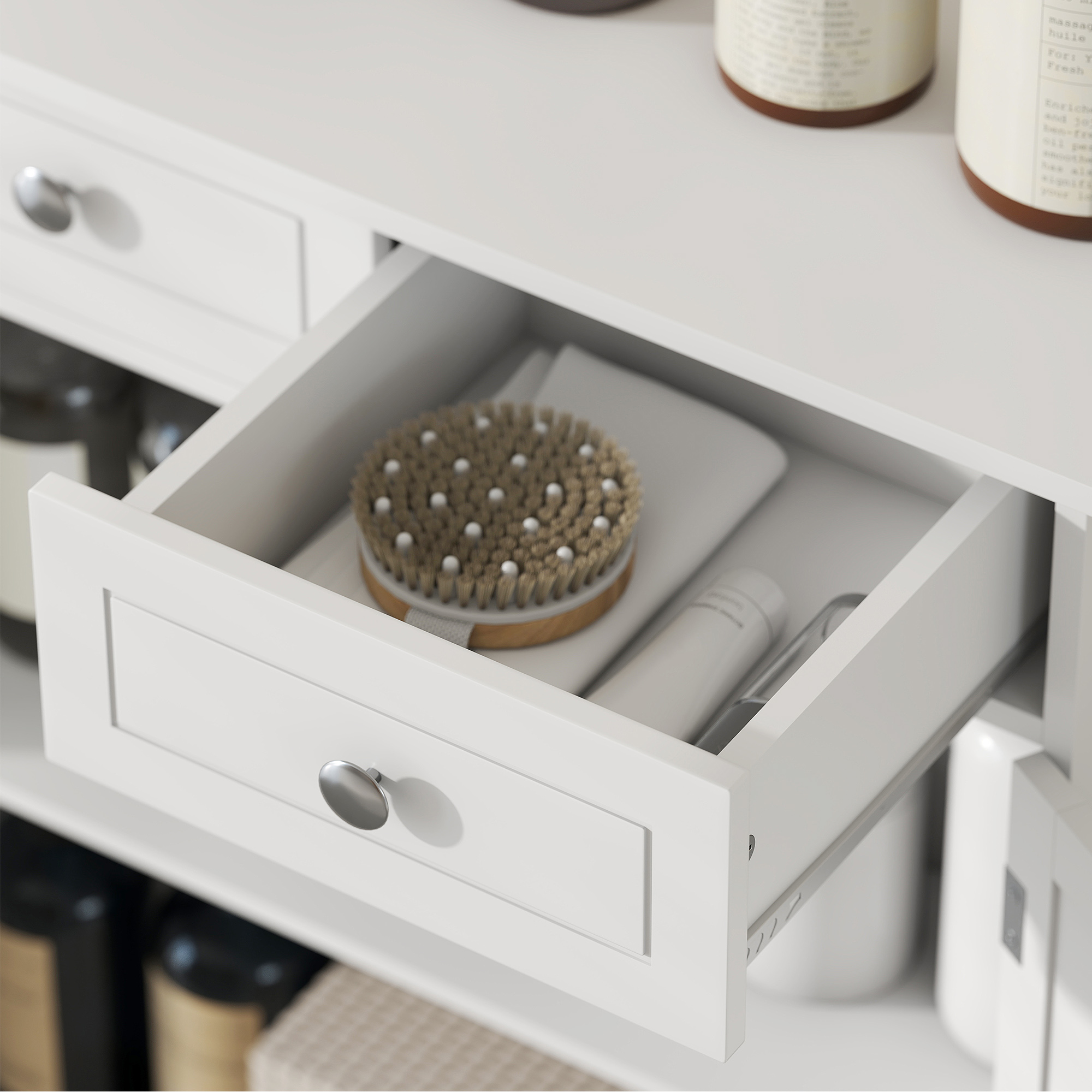  Dulap de Depozitare Organizator Independent pentru Baie de Podea cu 2 Usi, 2 Sertare si Raft Reglabil, Alb [8]