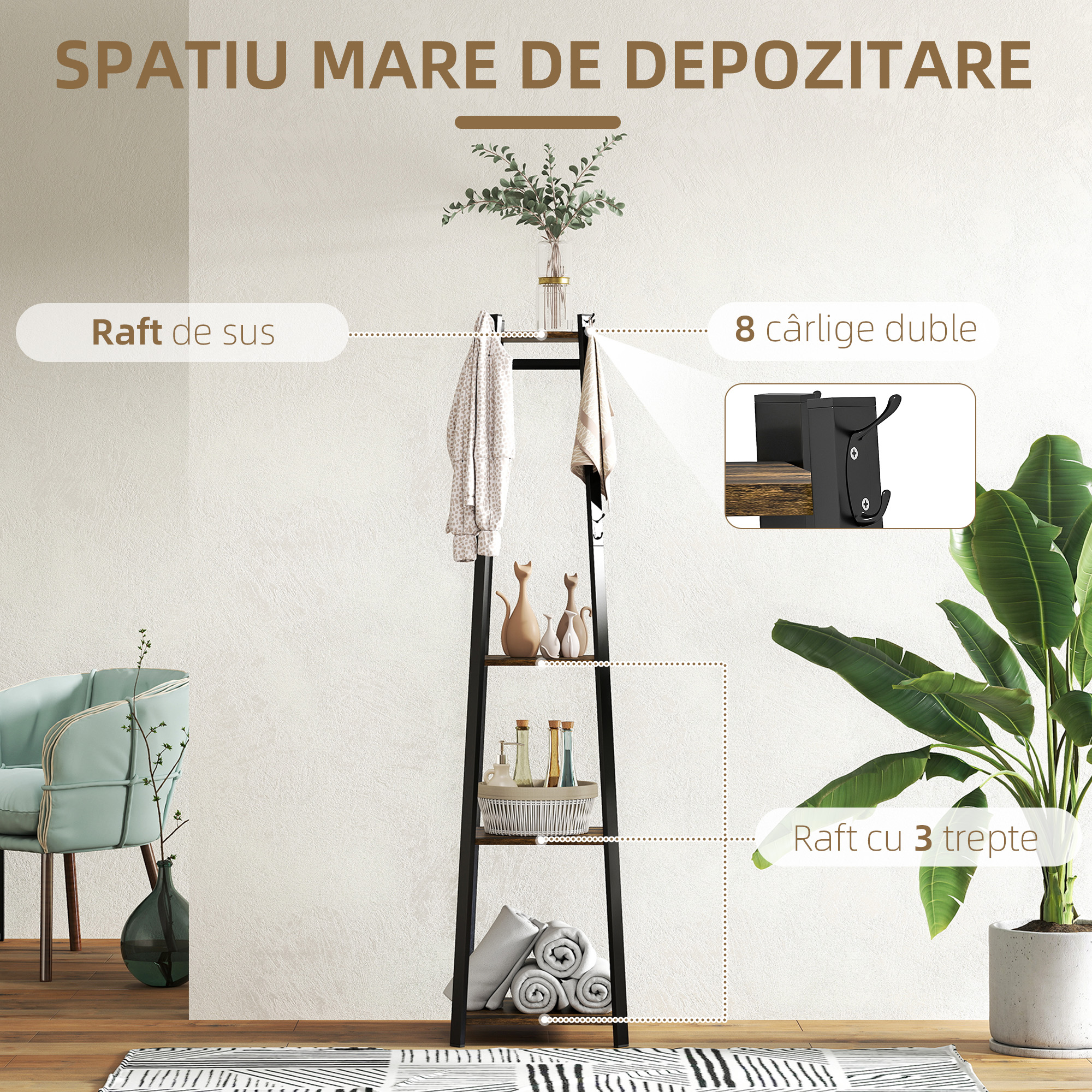  Cuier de Podea cu 8 Carlige, 3 Rafturi si Polita Superioara, Maro [3]