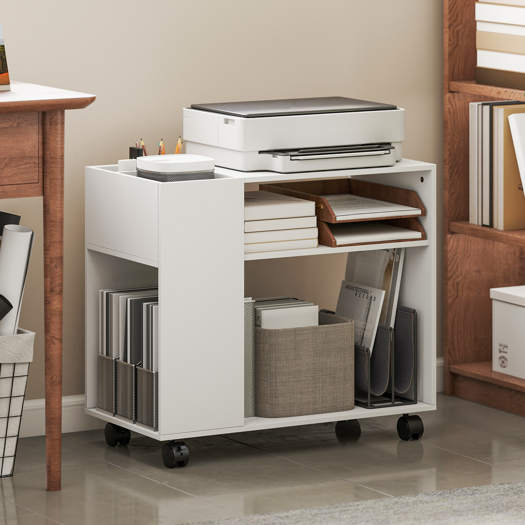  Dulap pentru Imprimanta cu Roti, Dulap Multifunctional cu Compartimente Deschise, Raft si Spatiu de Depozitare, Noptiera pentru Living, Camera sau Birou, 70x36x60 cm, Alb [1]