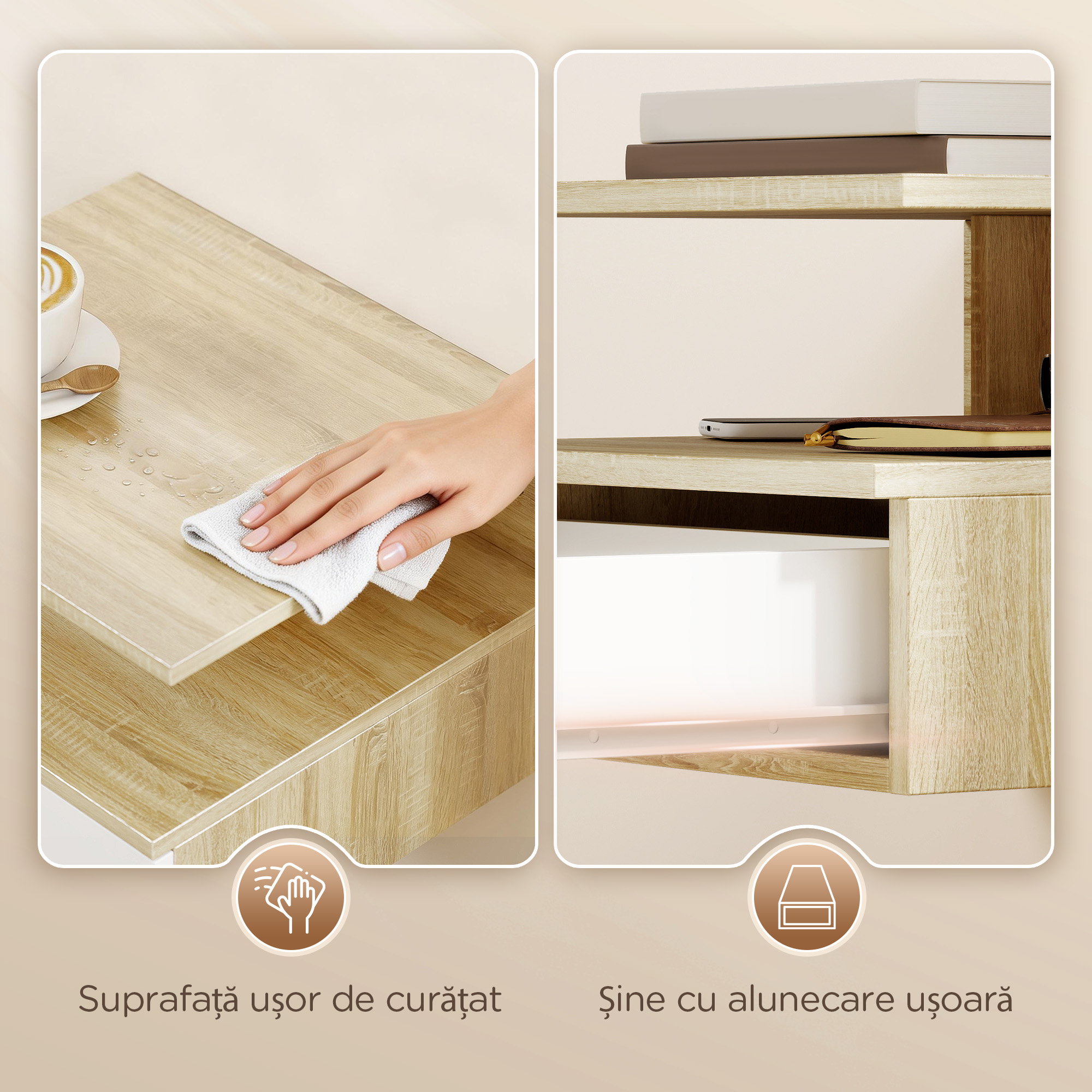  Set de 2 Noptiere Suspendate cu Sertar si Raft Deschis, 35x32x22,5 cm, Alb si Stejar [5]