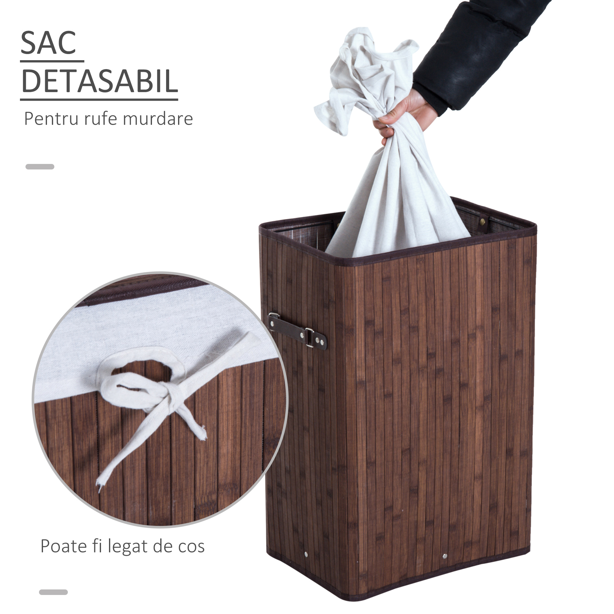  Cos de rufe din bambus cu capac si geanta detasabila din material, 40x30x60cm, maro [4]