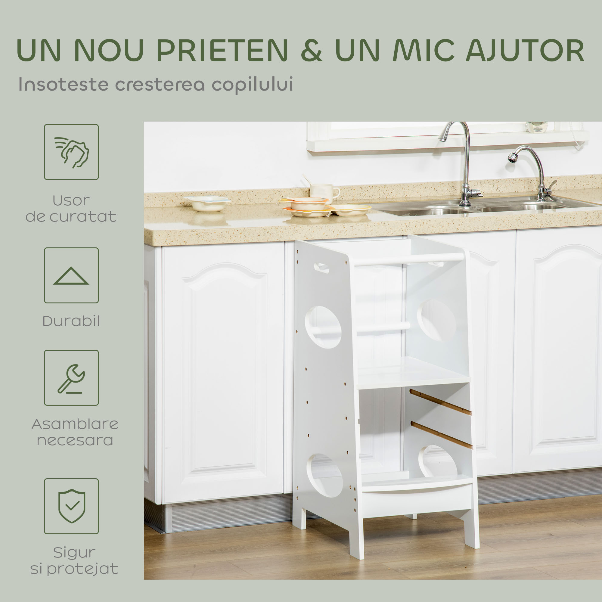  Turn Montessori pentru Copii, Learning Tower cu inaltime Reglabila pe 3 Niveluri, MDF, 40×50×90 cm, Alb [4]