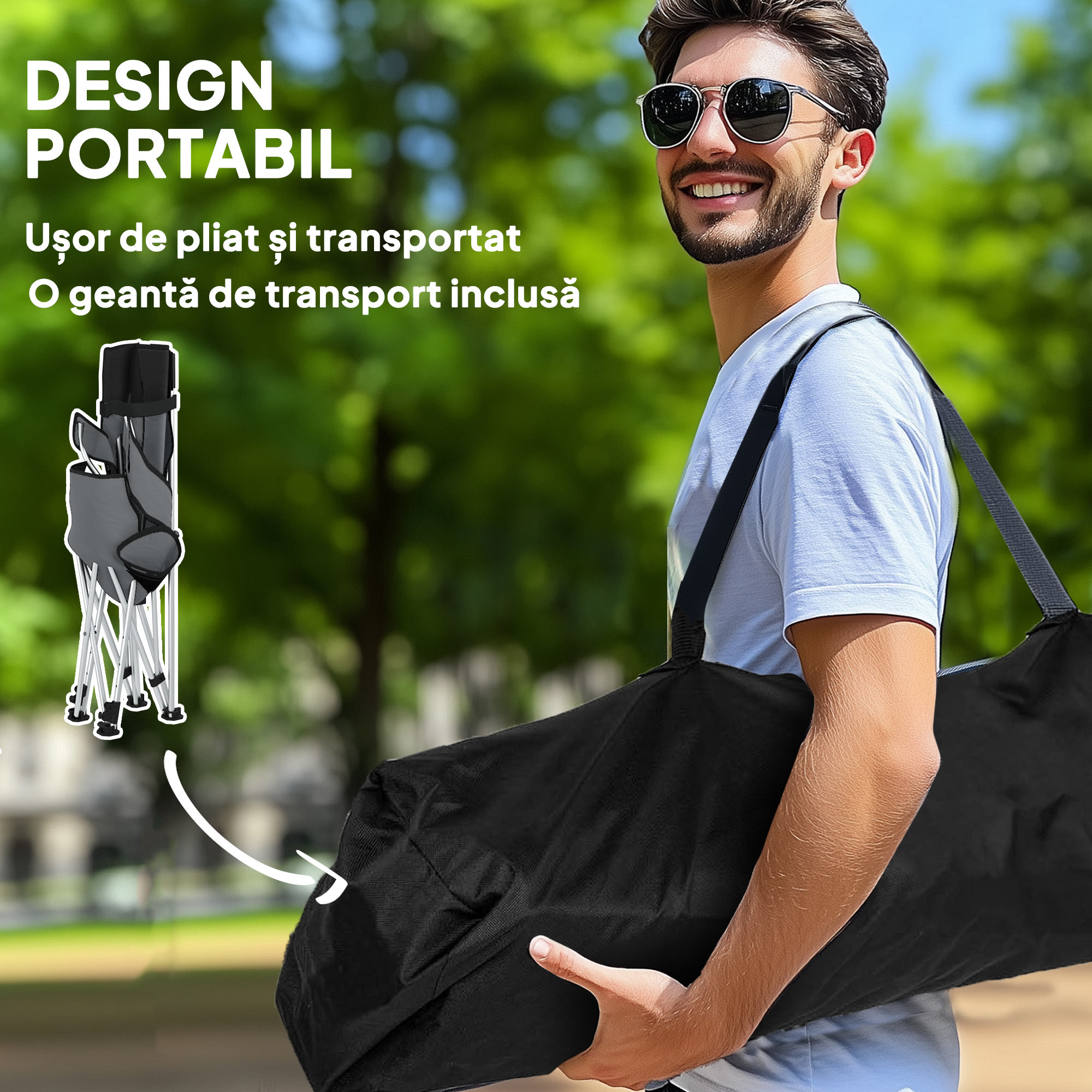  Set de 2 Scaune de Camping Pliabile cu Suport pentru Picioare Detasabil, 82x100x88 cm, Negru [5]