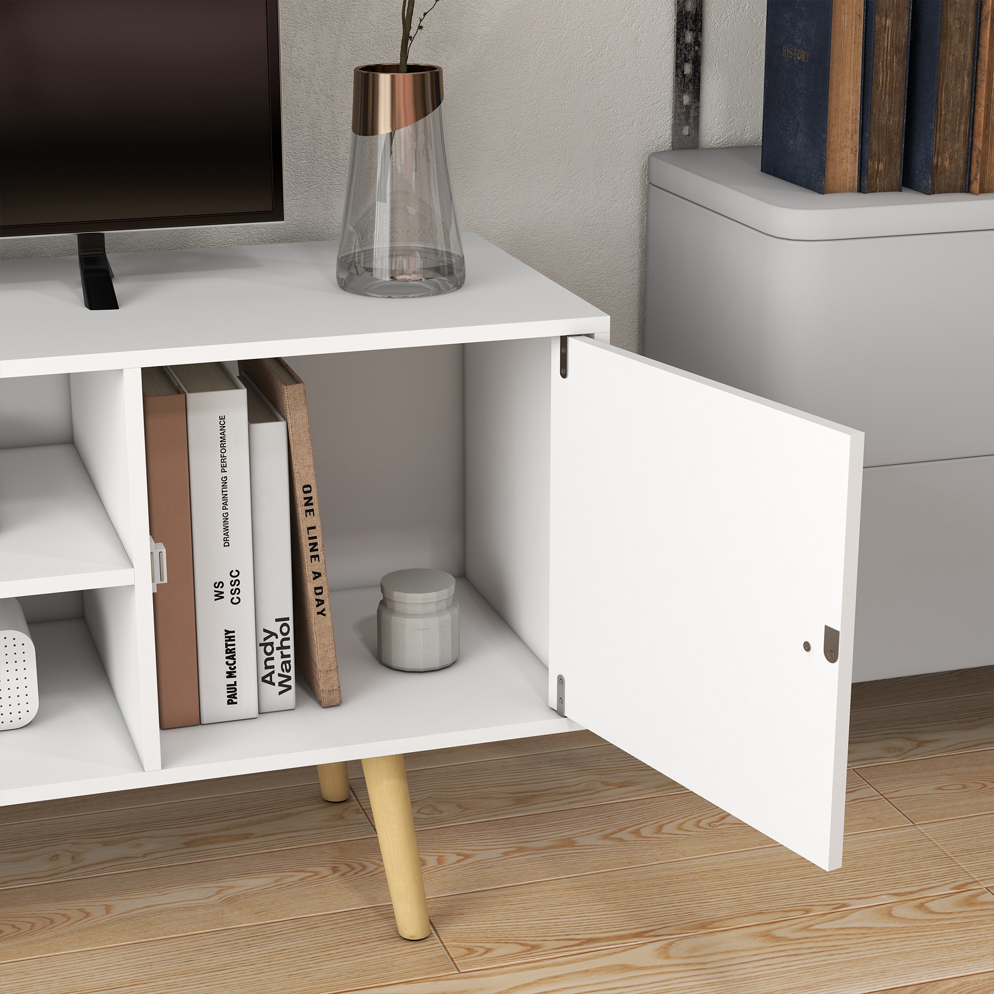  Cabinet TV 55" cu 2 Dulapuri, Usi si 2 Rafturi Deschise, Consola TV din Lemn si PAL, 120x34x50 cm, Alb [8]