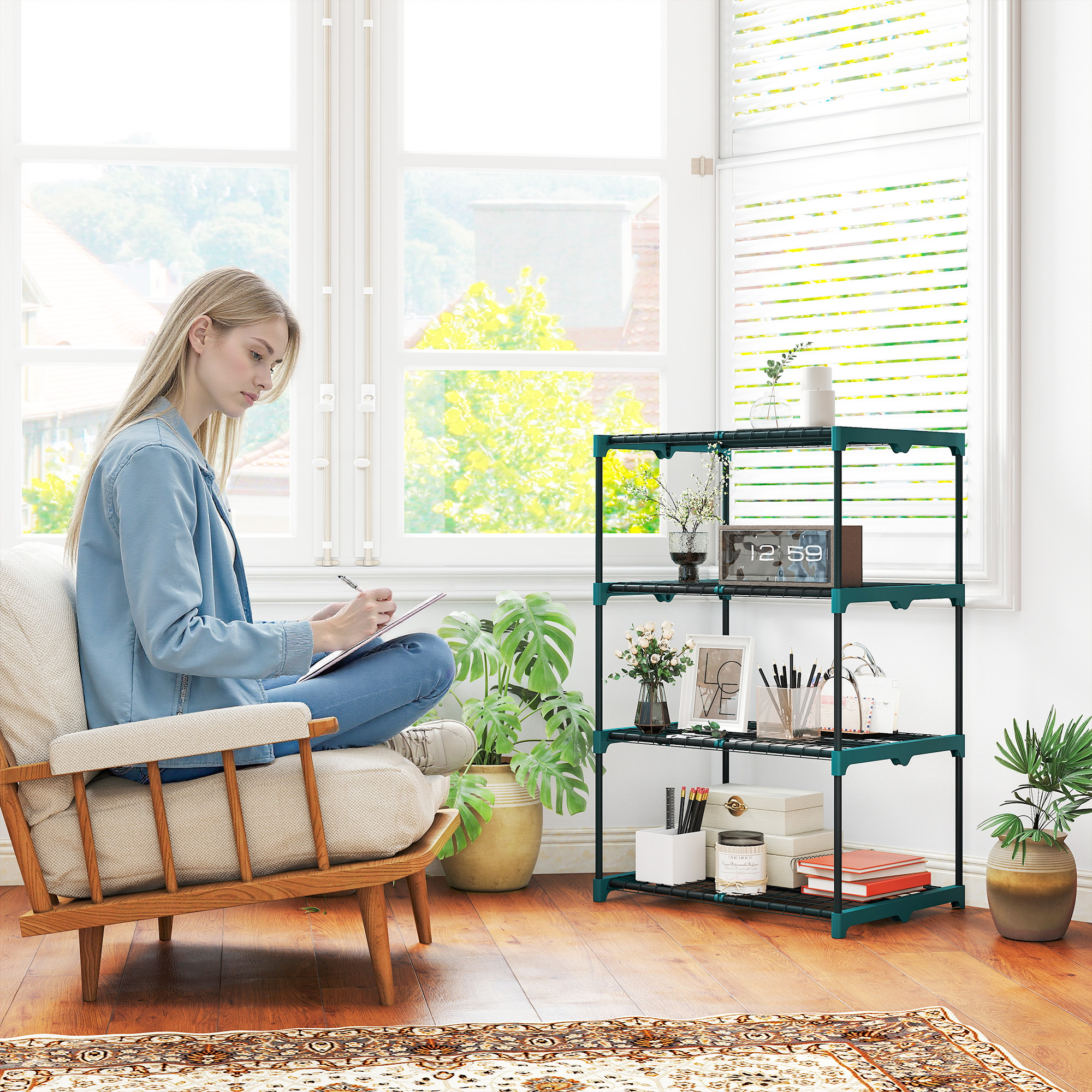  Suport pentru Plante Vertical cu 4 Niveluri din Otel si Plastic, Suport Ghivece pentru Interior si Exterior, Gradina Balcon, 67x49x105 cm, Verde inchis [6]