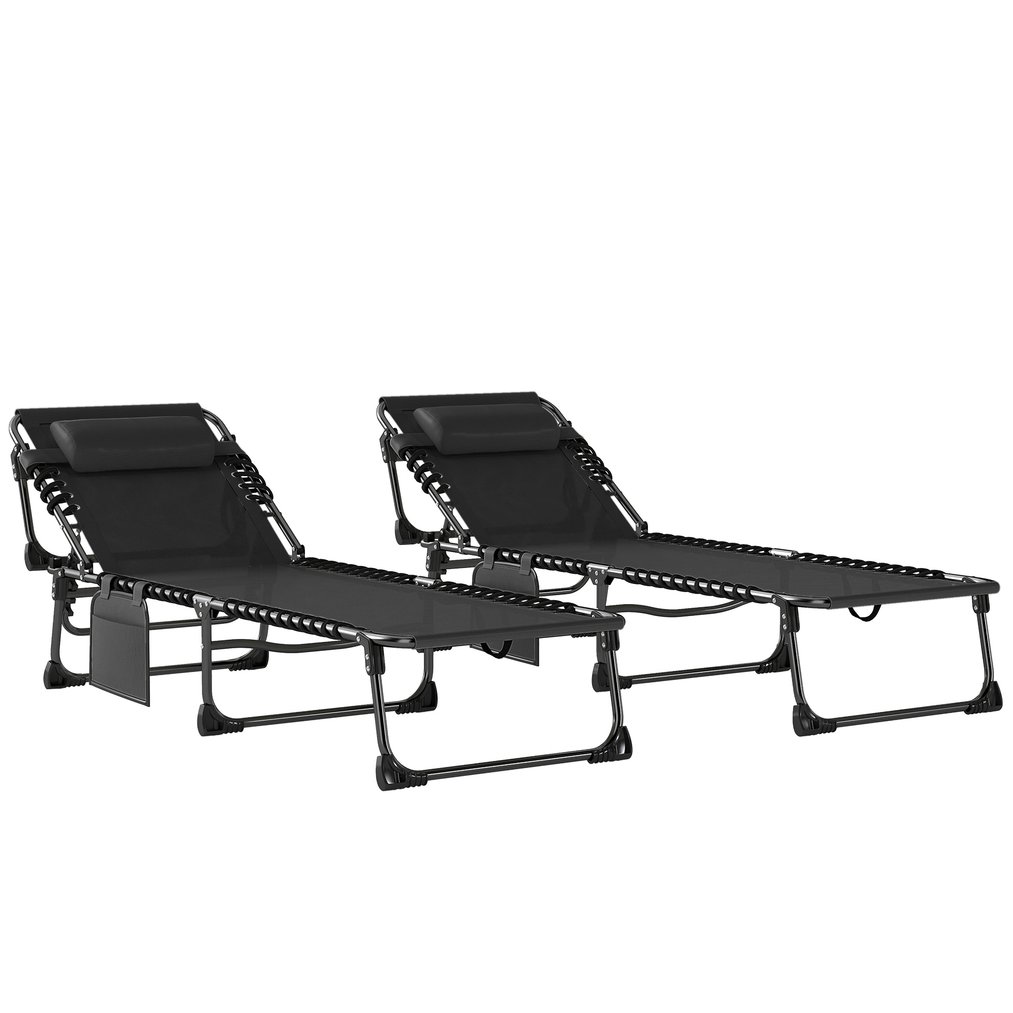 Gradina & balcon -  Set de 2 sezlonguri de Gradina Pliabile, Reglabile pe 5 Niveluri, cu Perne, sezlonguri Textilena cu Buzunar Lateral, Maner, pentru Plaja, Piscina, 57x200x38 cm, Negru