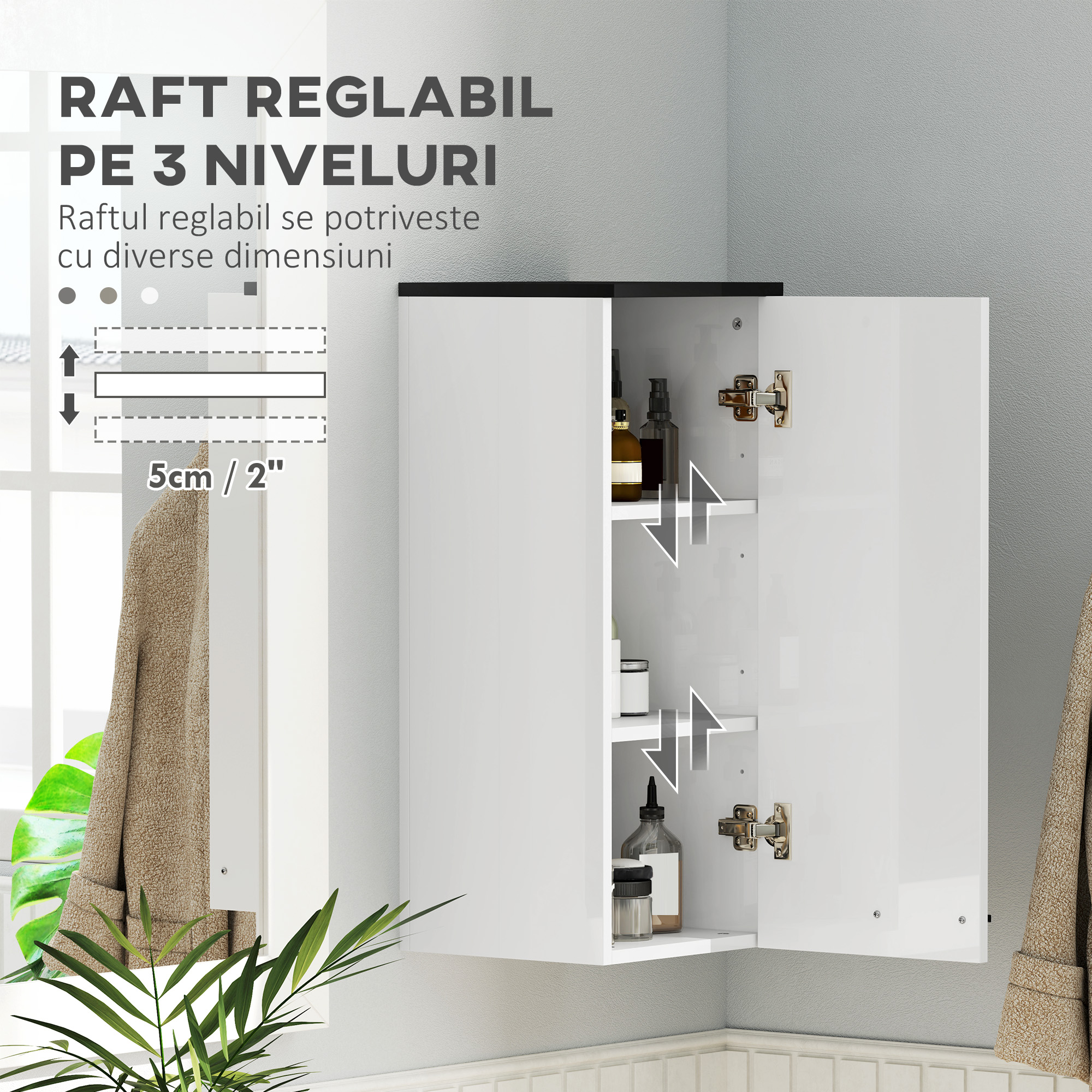 Dulap Suspendat pentru Baie cu 3 Rafturi si Polite Reglabile, 30x32x73 cm, Alb [4]