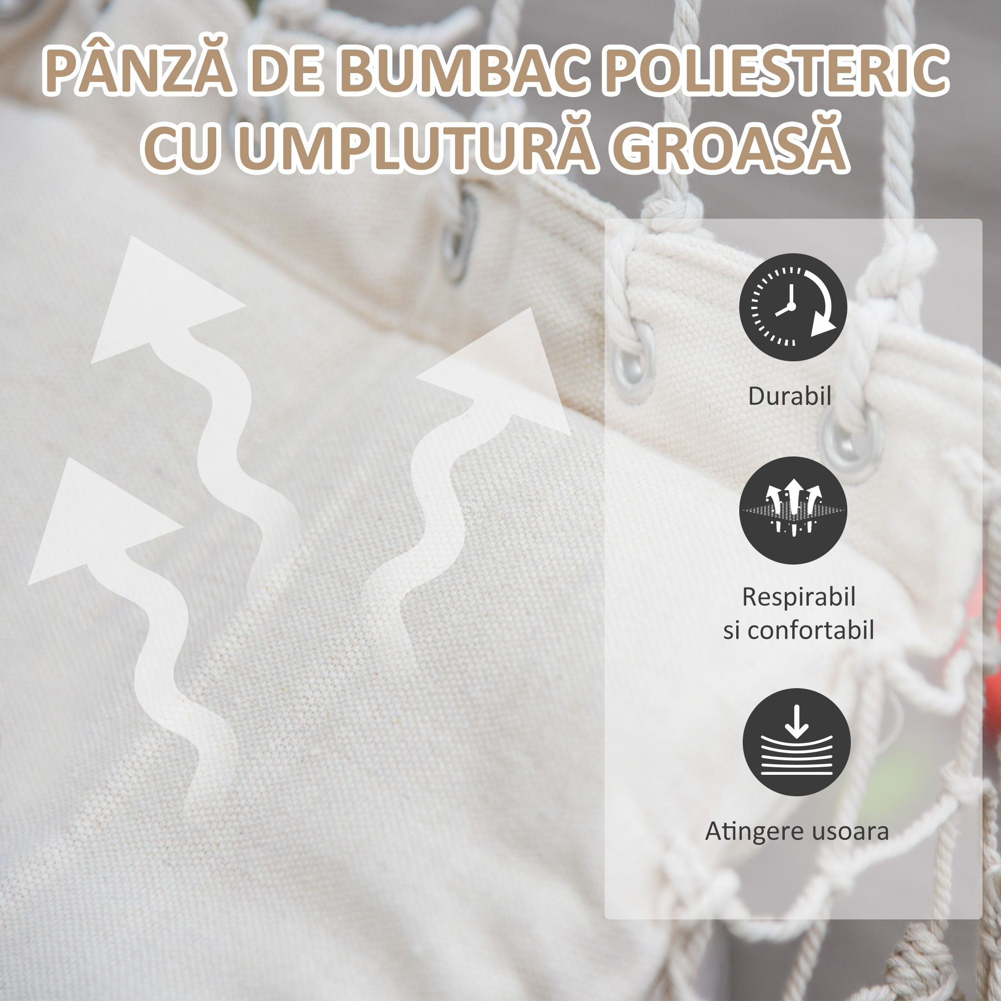  Balansoar Suspendat din tesatura cu Ciucuri si Bara din Lemn de Plop, 90x50 cm, Crem [3]