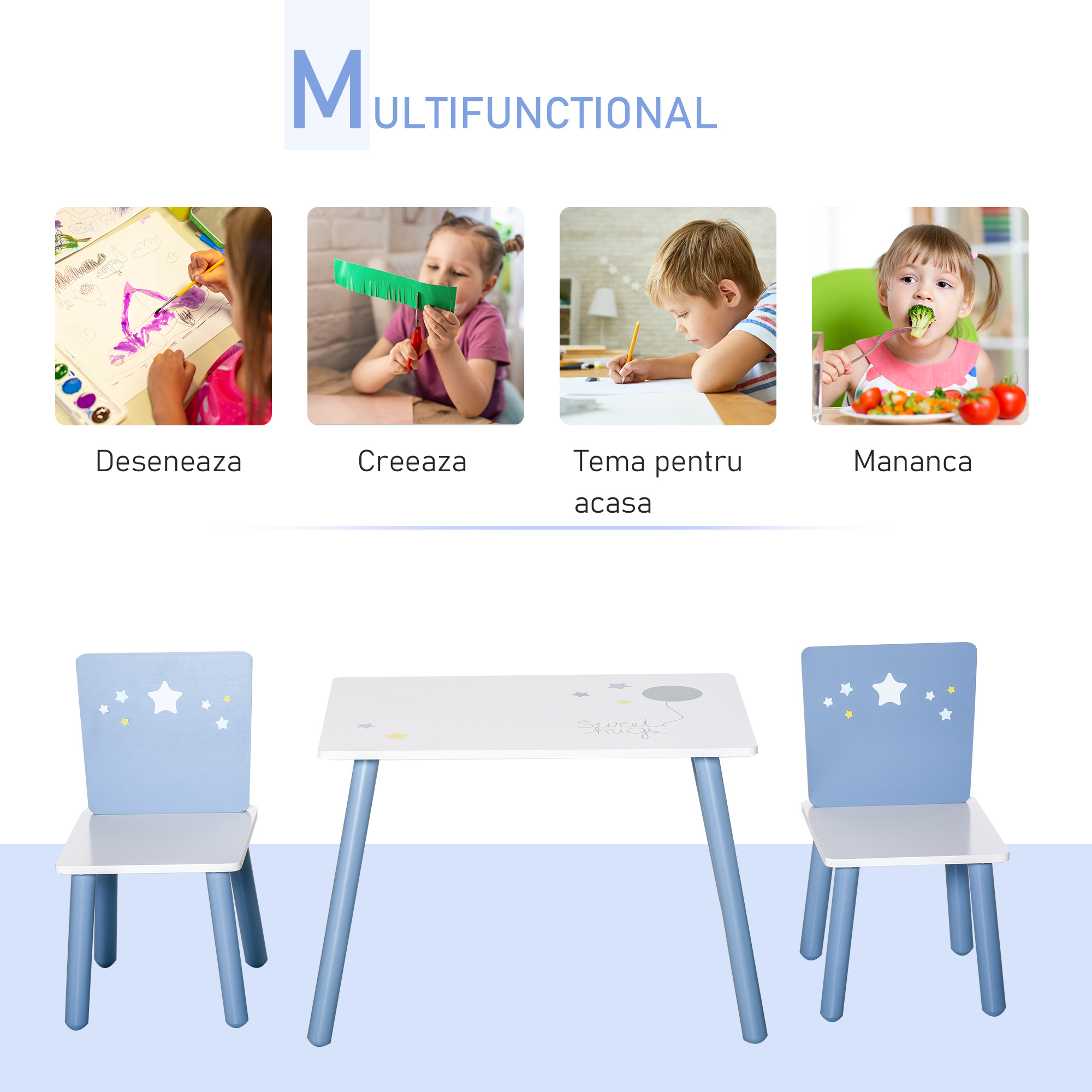  Masa cu Scaune Baieti si Fetite 2-6 Ani din Lemn Albastru deschis si Alb [4]