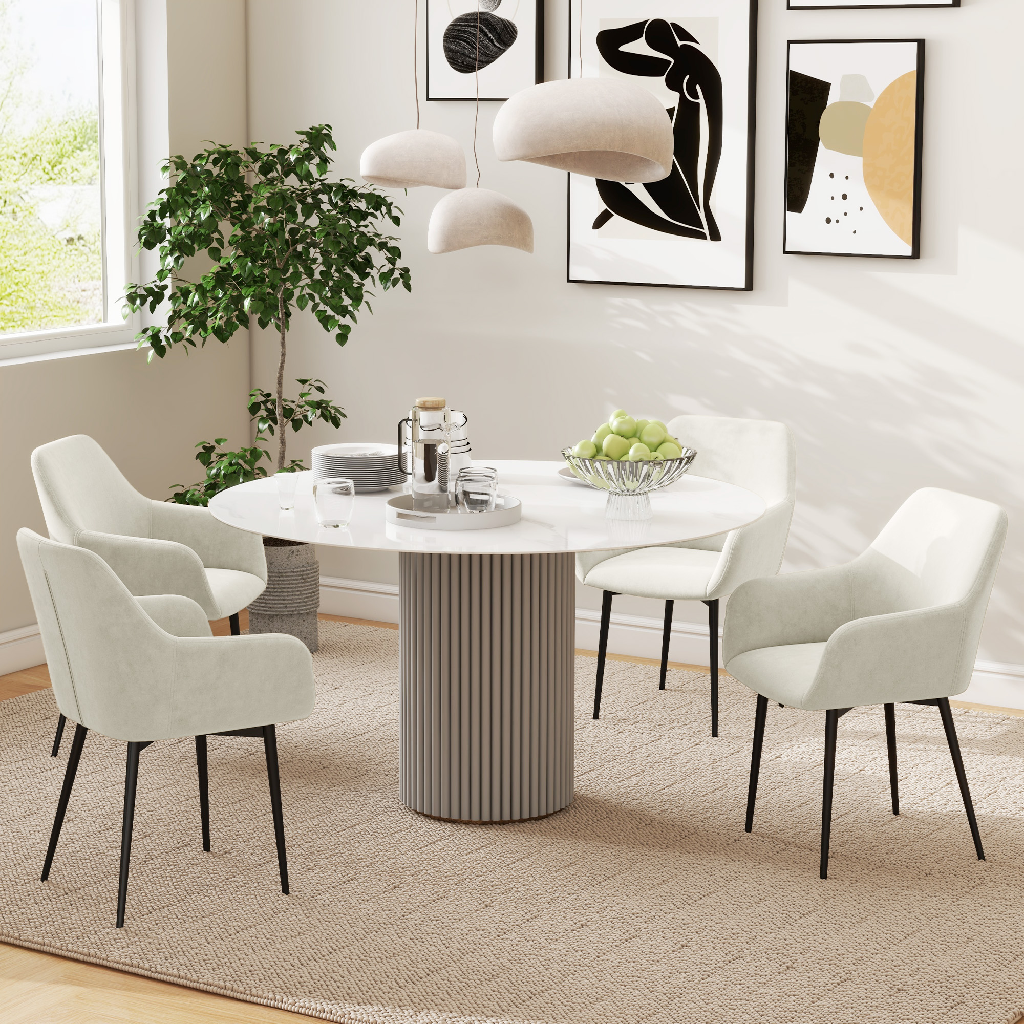  Set 2 Scaune de Dining Tapitate in Stil Nordic cu Brate si Picioare din Otel, 54x57x80 cm, Alb Crem [6]