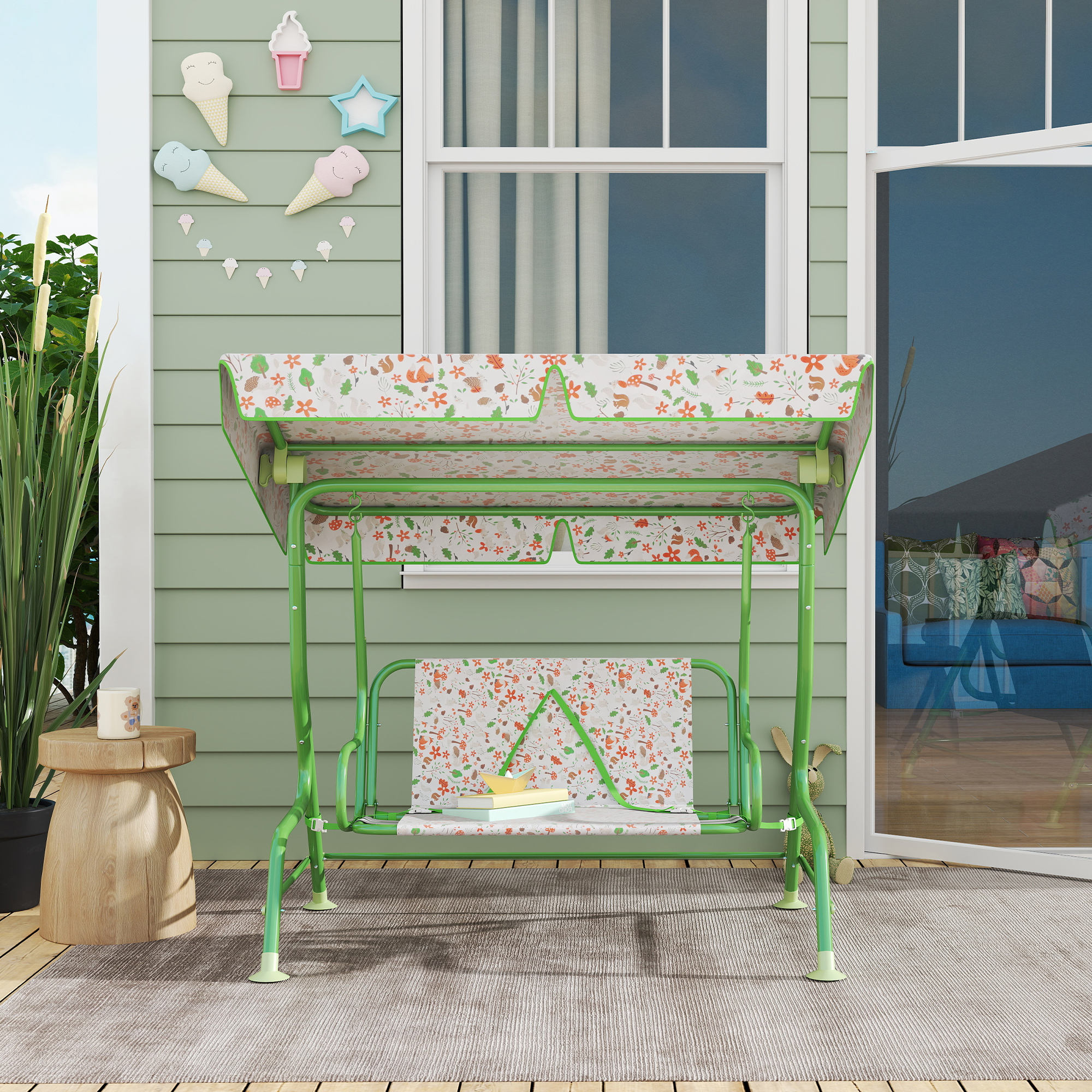  Balansoar pentru Copii de Exterior cu 2 Locuri cu Copertina Reglabila si Centuri de Siguranta, 112x75x120 cm, Verde [7]