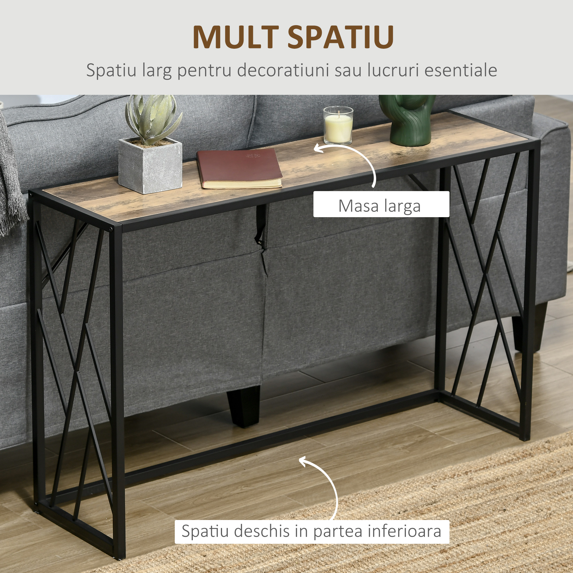  Consola 120cm, masa canapea industriala cu cadru metalic pentru sufragerie, hol, maro [3]