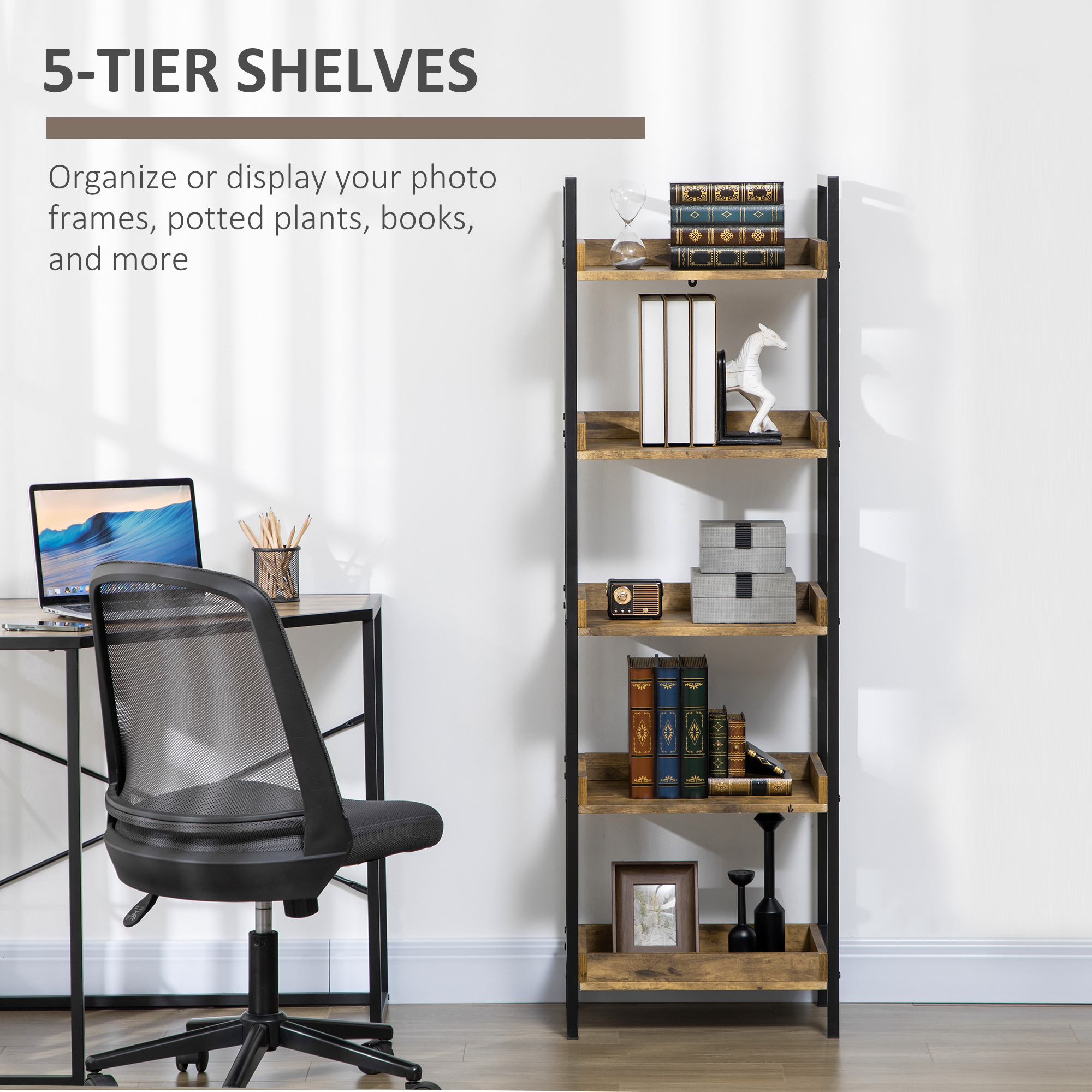  Biblioteca 5 Rafturi - Stil Industrial, Lemn & Metal [4]