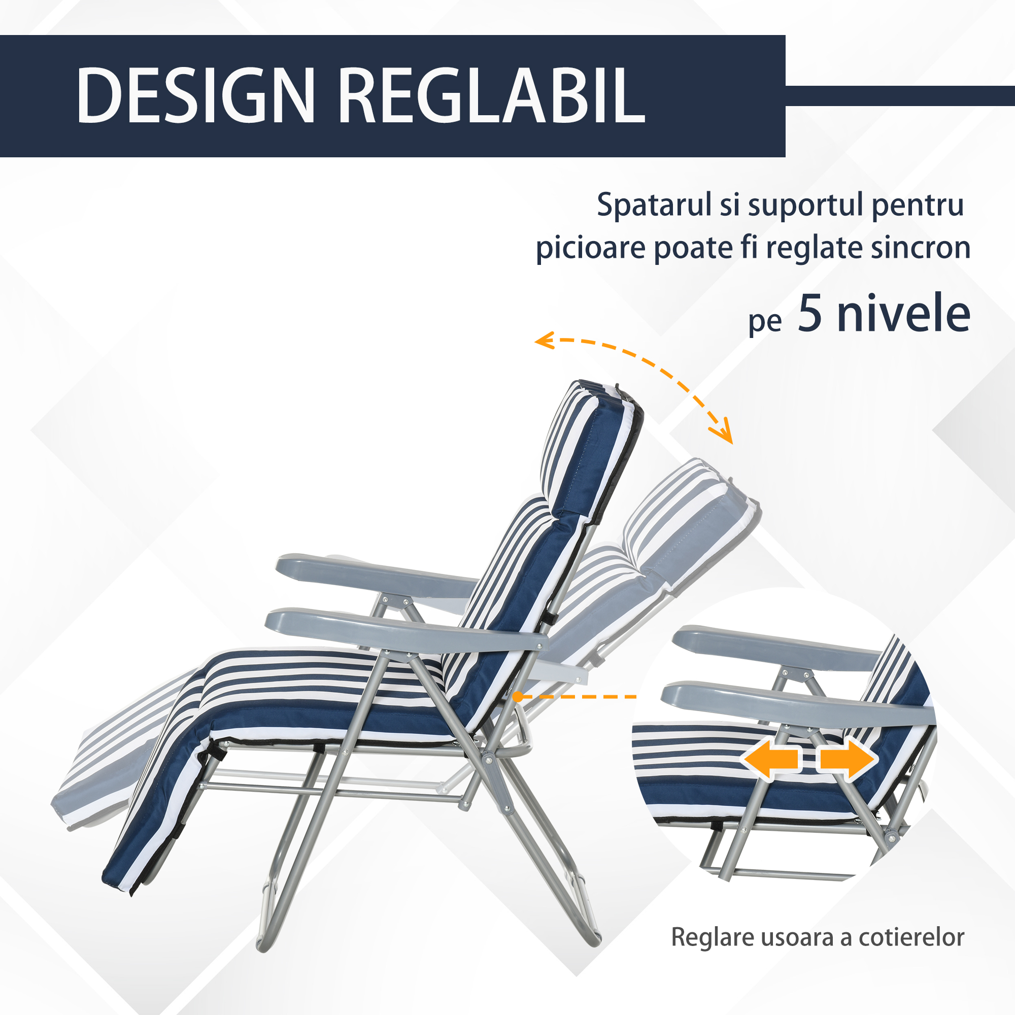  Set 2 Scaune sezlong de Gradina, cu Captuseala cu Brate Reclinabile, alb si albastru [3]