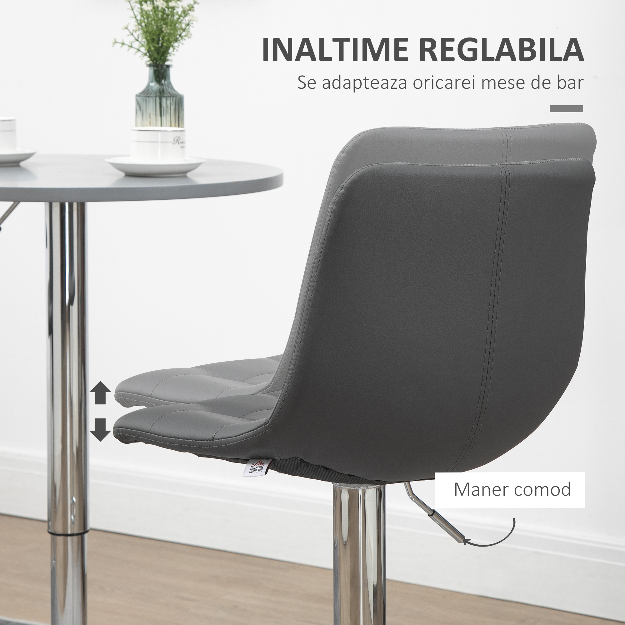  Set de 2 scaune de bar din piele cu spatar, scaune pivotante pentru bucatarie si sufragerie cu suport pentru picioare, 42x45x89-110cm, gri [4]