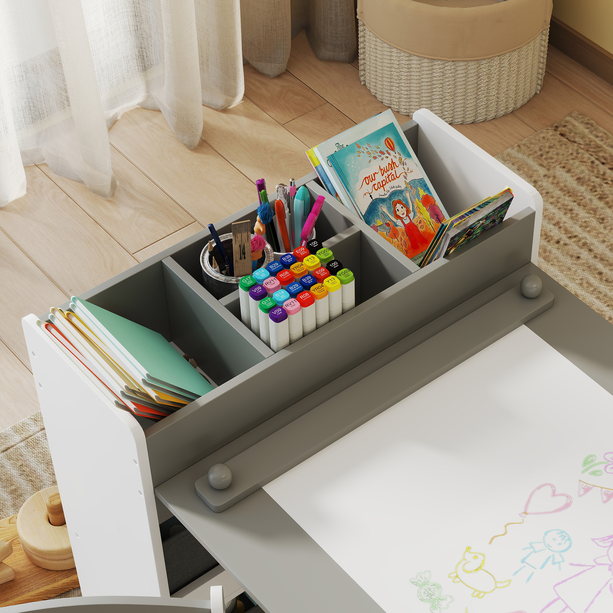  Mobilier pentru Copii 3-8 Ani cu 2 Scaune si Masa Gri si Alb [8]