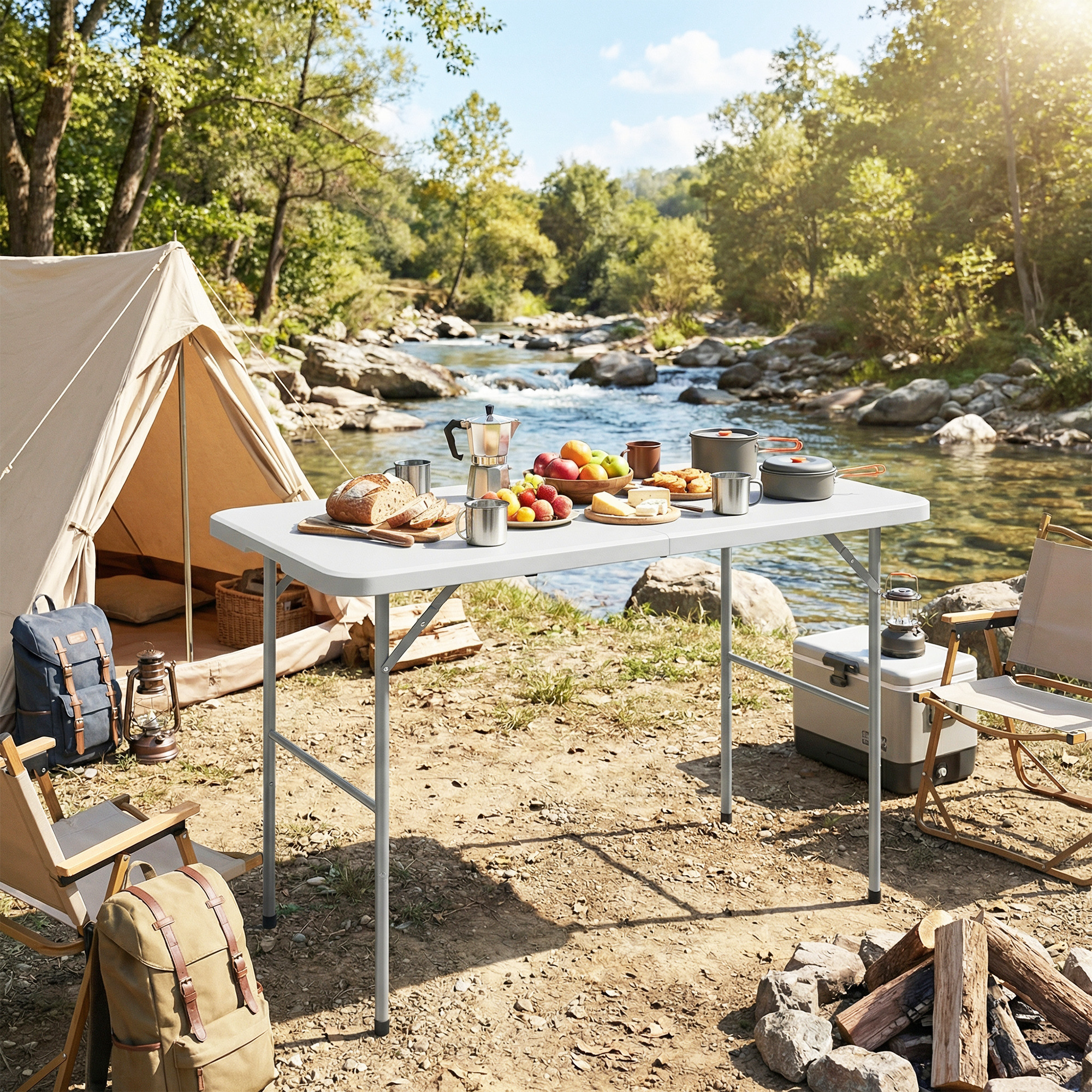  Masa de Camping Pliabila cu 2 inaltimi si Maner, din HDPE, 120x60x74 cm, Alb [7]