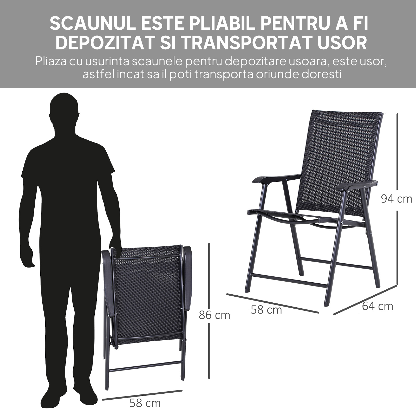  Set 2 Scaune de Gradina Pliabile cu Cotiere, Scaune pentru Pranz in Exterior din Metal si Texteline, pentru Terasa, Balcon, Veranda, Exterior si Interior, 58x64x94cm, Negru [4]