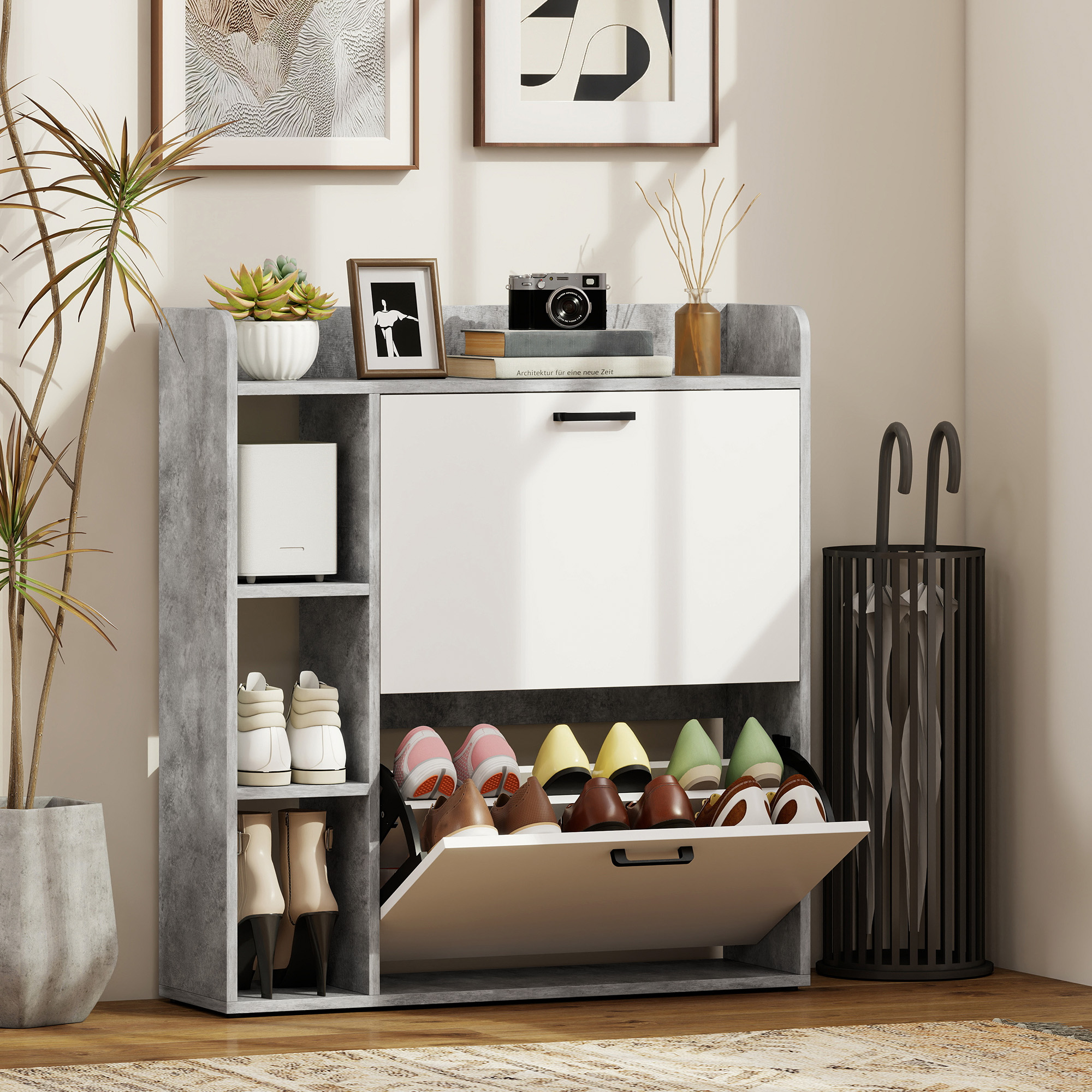  Dulap pentru pantofi slim cu 2 sertare rabatabile, Capacitate 15 perechi de pantofi, 83x24x90.5 cm, Gri [1]