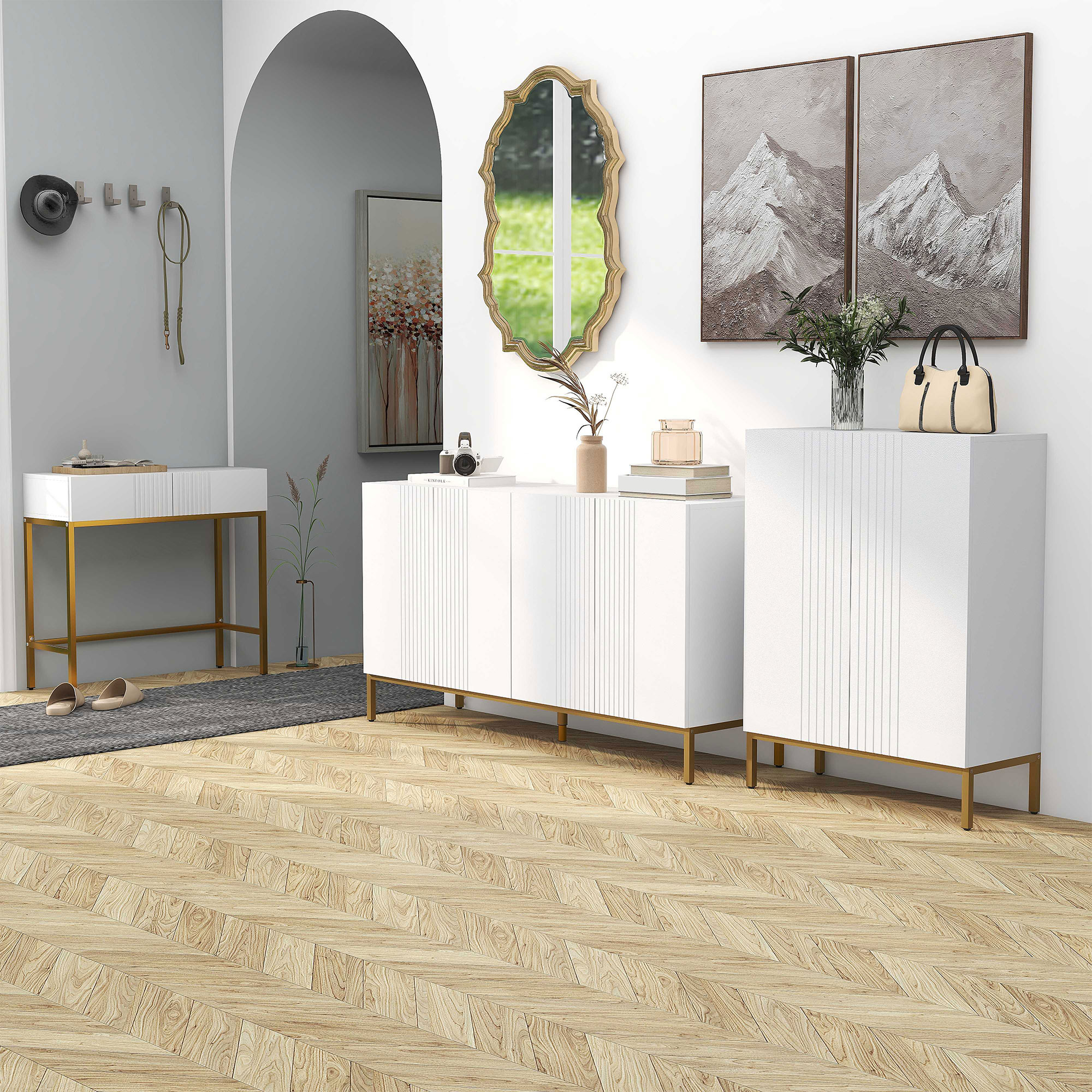  Bufet Modern pentru Living cu 4 Usi si Rafturi Reglabile, inchidere Moale, 140x40x75 cm, Alb [1]