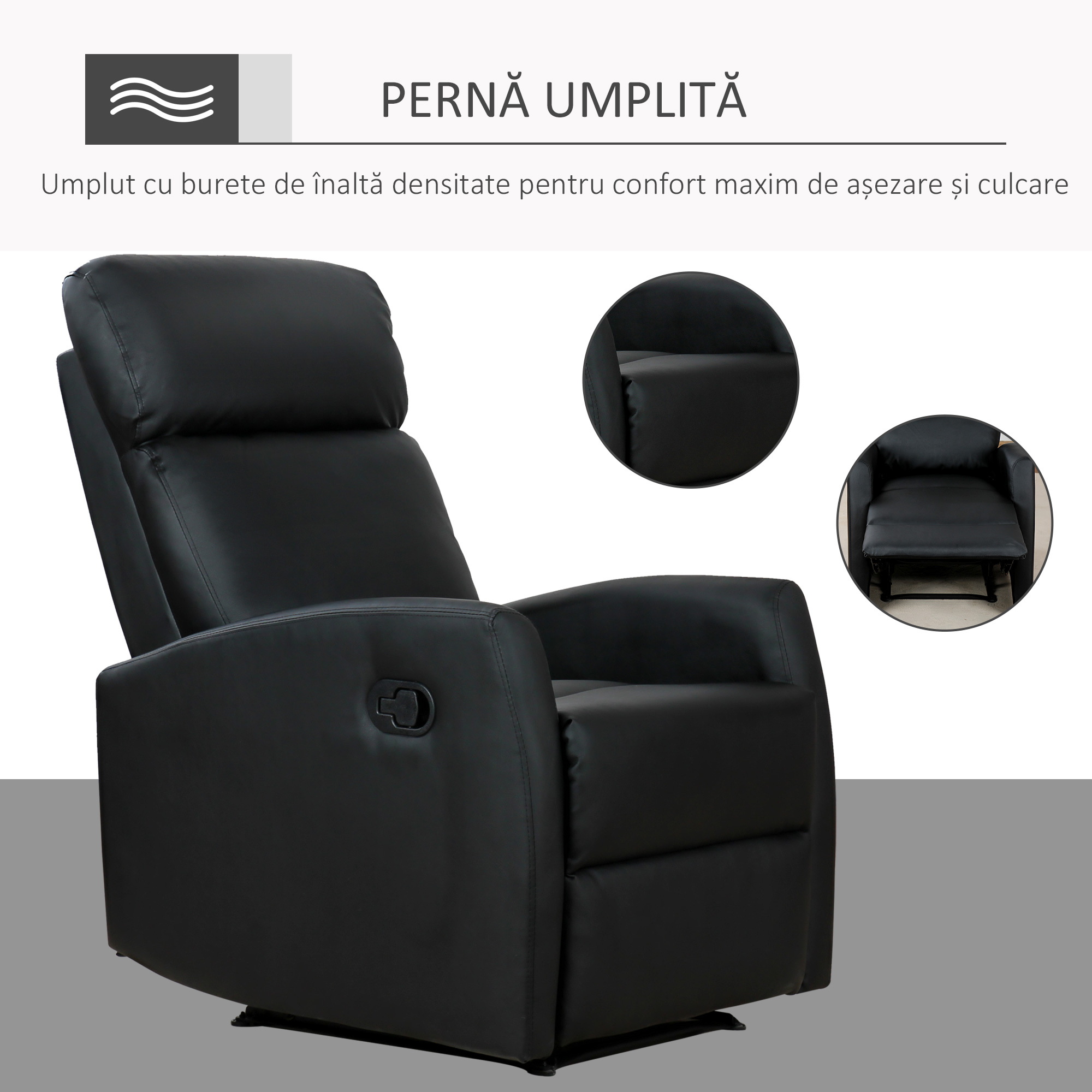  Fotoliu Relax Rabatabil Ergonomic Piele Sintetica 65 × 92 × 100cm, Negru [4]