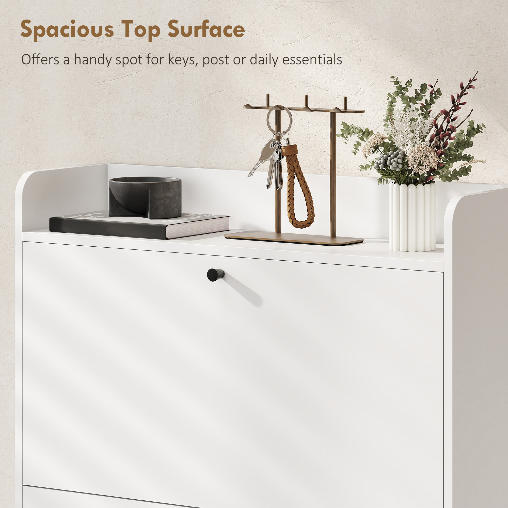  Dulap pentru Pantofi Slim cu 2 Usi Rabatabile, Rafturi Reglabile, Blat Superior si Baza Ridicata, Potrivit pentru 16 Perechi, PAL si Metal, 80x24x101 cm, Alb [5]