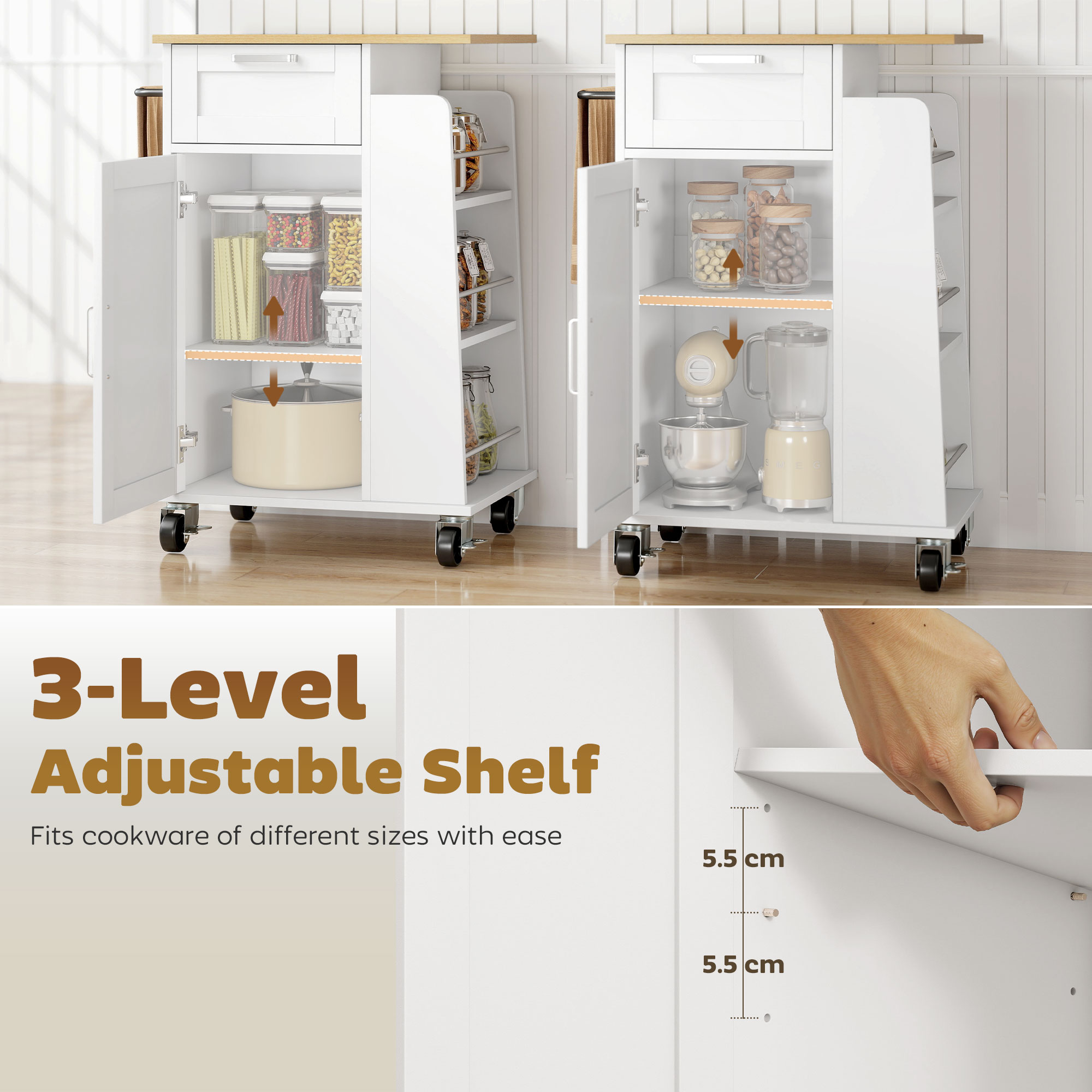  Carucior de Bucatarie cu Sertar, Dulap, Suport pentru Prosoape si 3 Suporturi pentru Condimente, din Lemn, 62x40x87 cm, Alb [4]