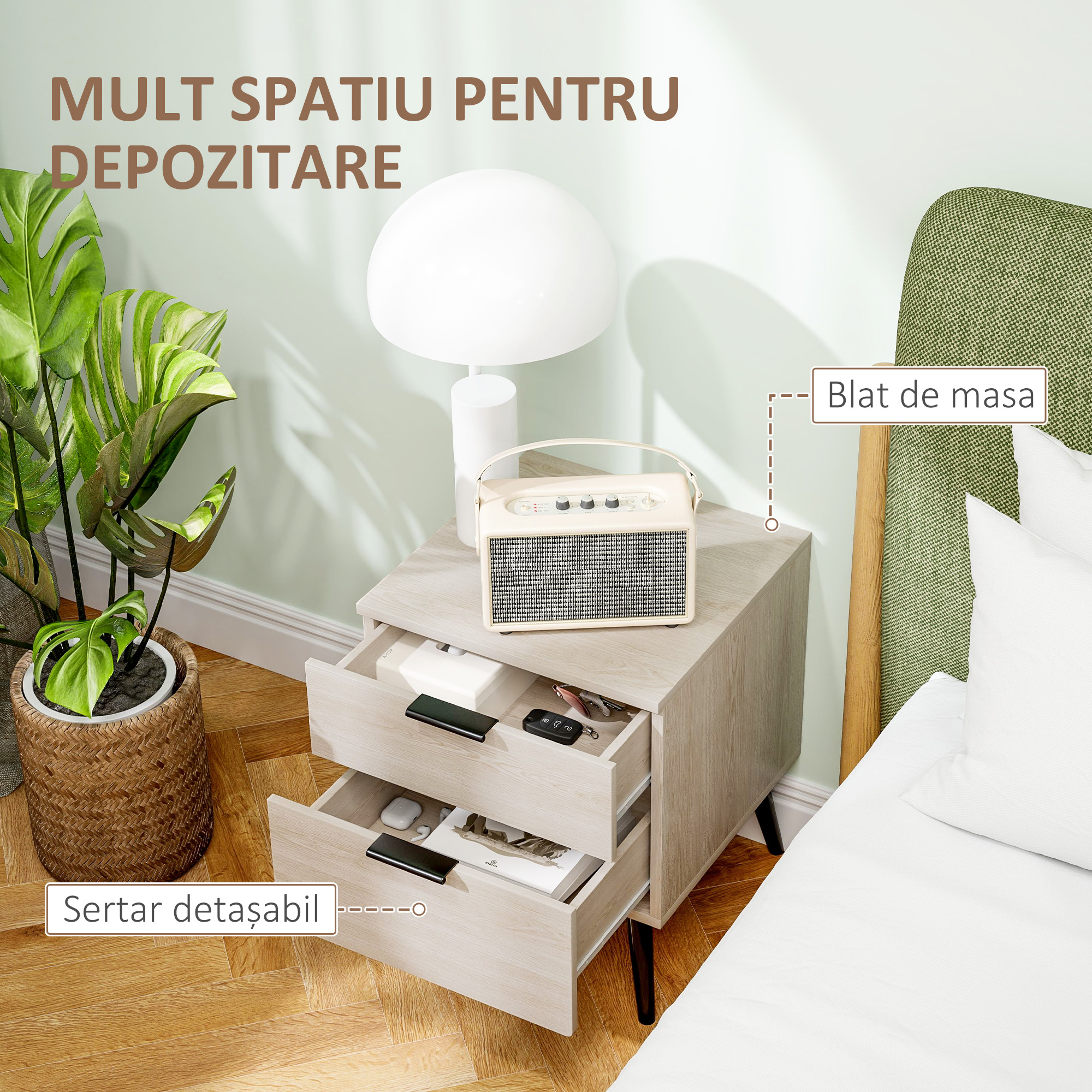  Set de 2 noptiere stil nordic cu sertar si baza inaltata, din lemn, 40x40x50 cm, culoare stejar [4]