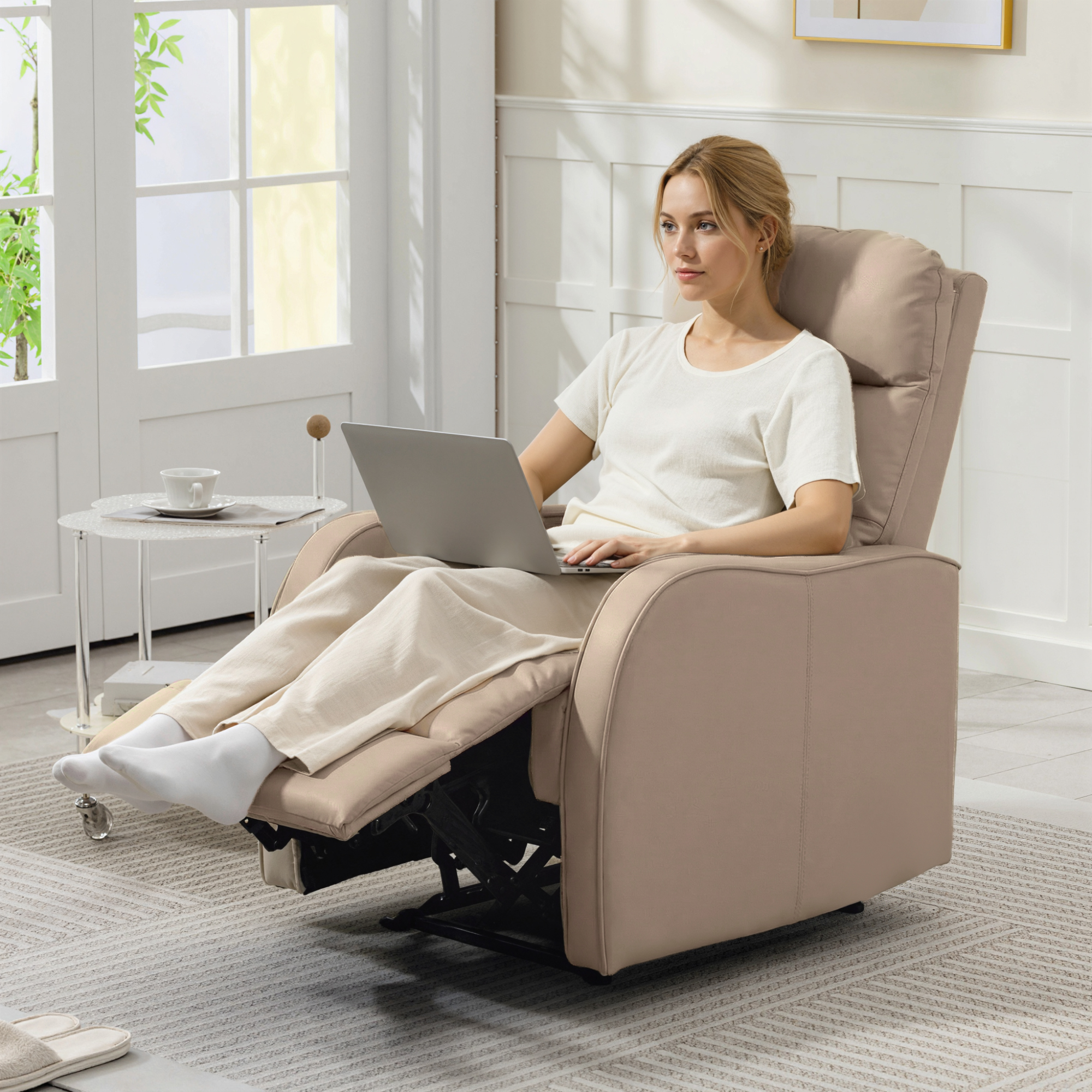  Fotoliu Reclinabil 160° cu Suport pentru Picioare, din Piele PU, Lemn si Otel, 65x89x100 cm, Maro Deschis [6]