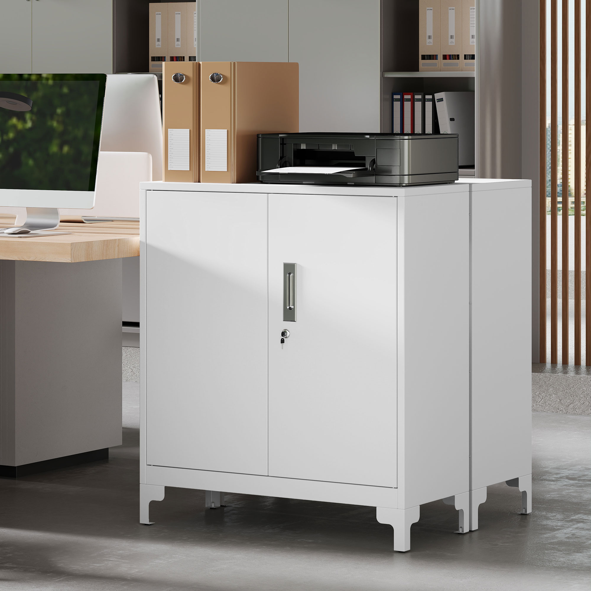  Mobilier de birou cu 3 rafturi, 2 usi si chei, 80x35x91 cm, Alb [8]