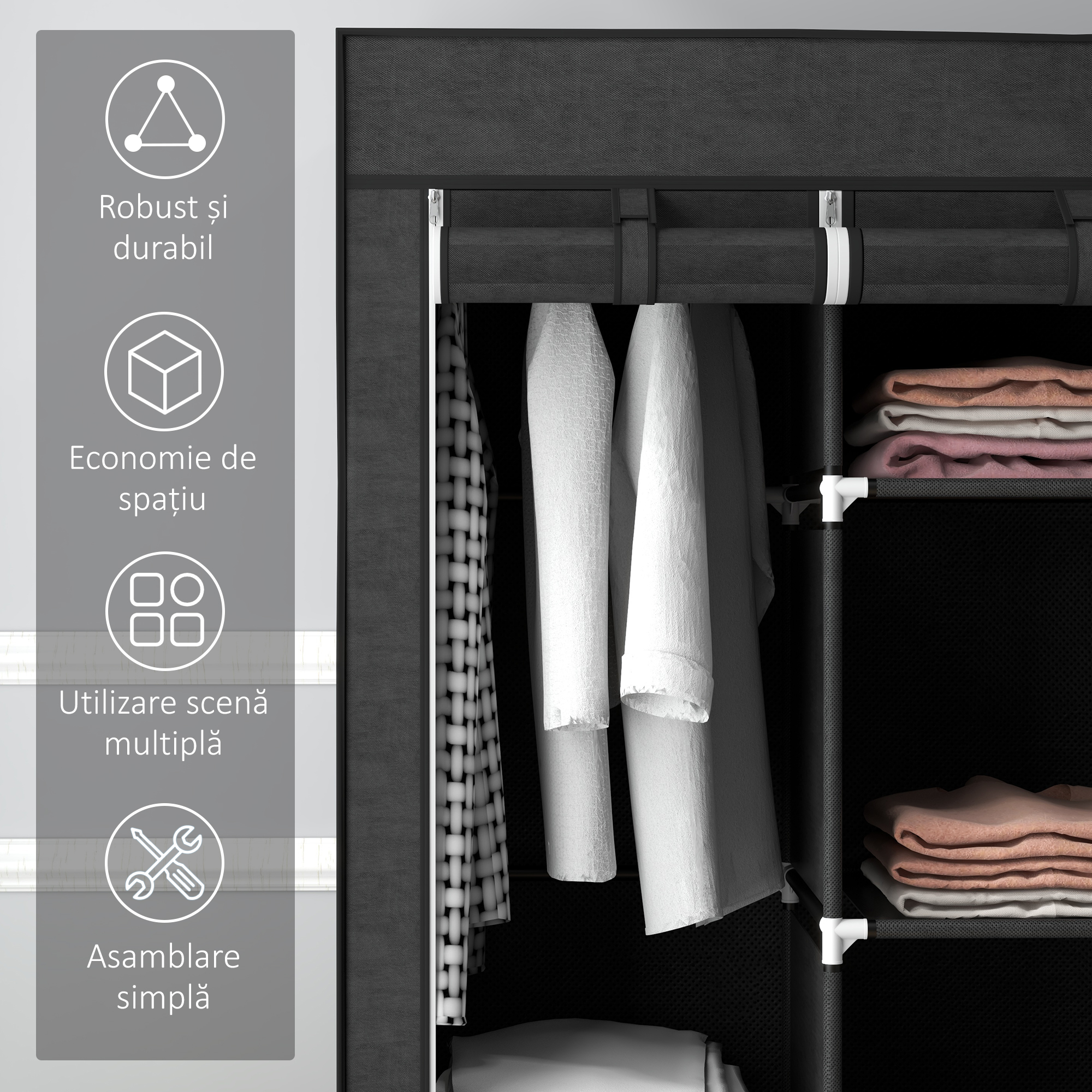  Dulap din Material Textil cu Baza inaltata, 8 Rafturi si 2 Bare, 125x43x162.5 cm, Gri inchis [5]