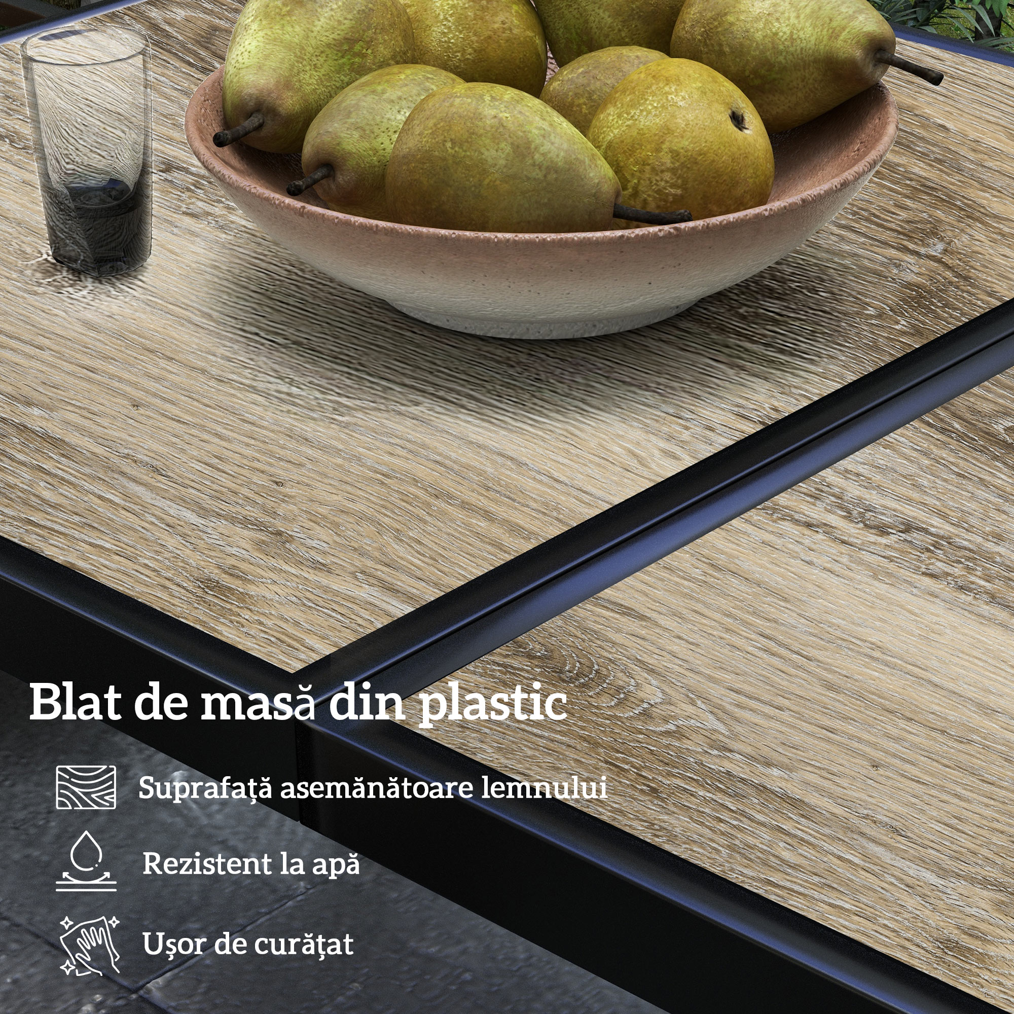  Masa de Gradina cu Blat Efect Lemn din Plastic, 145x85 cm pentru 6 Persoane, Masa de Exterior Dreptunghiulara, Picioare din Otel, pentru Terasa, Balcon, Gri [3]