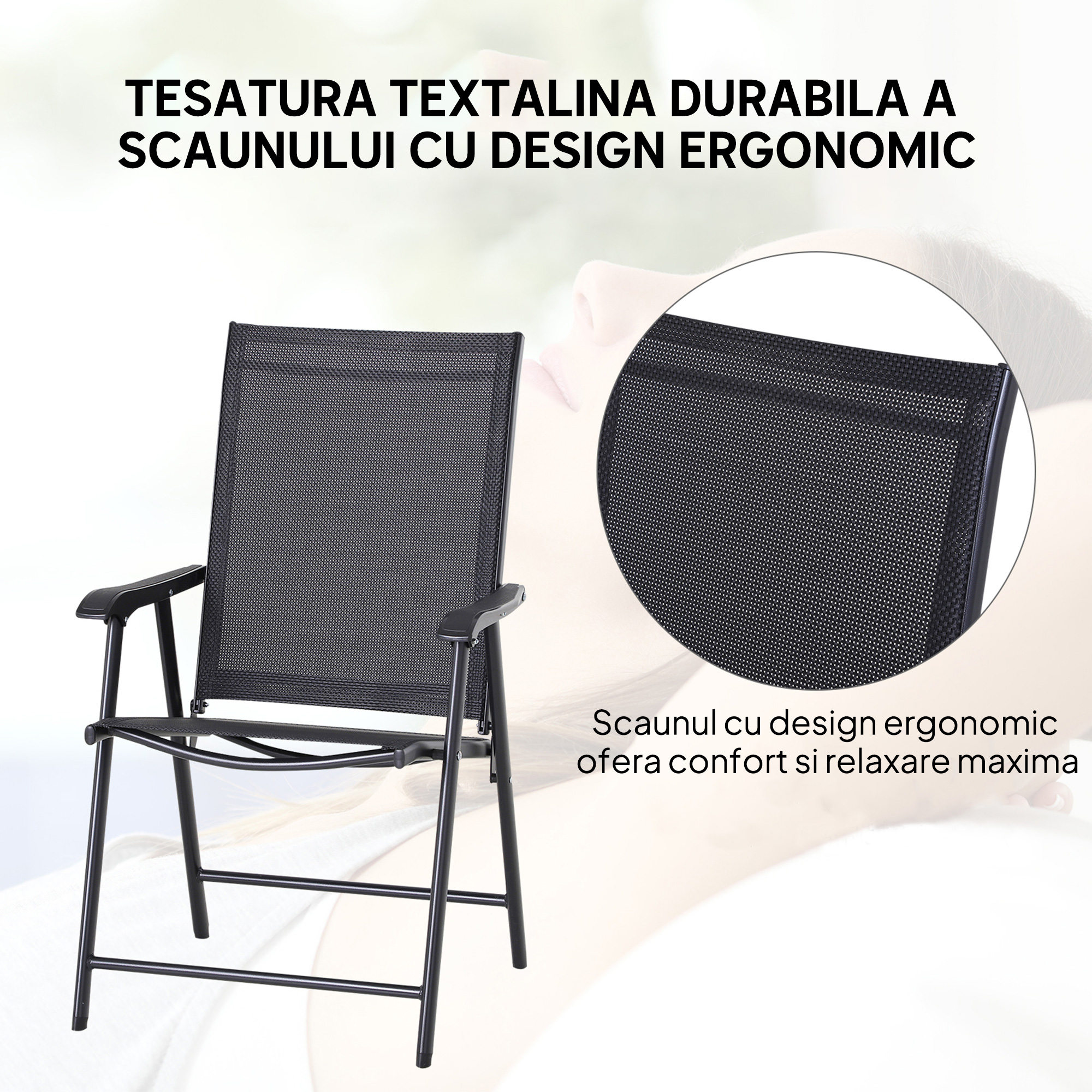  Set 2 Scaune de Gradina Pliabile cu Cotiere, Scaune pentru Pranz in Exterior din Metal si Texteline, pentru Terasa, Balcon, Veranda, Exterior si Interior, 58x64x94cm, Negru [3]