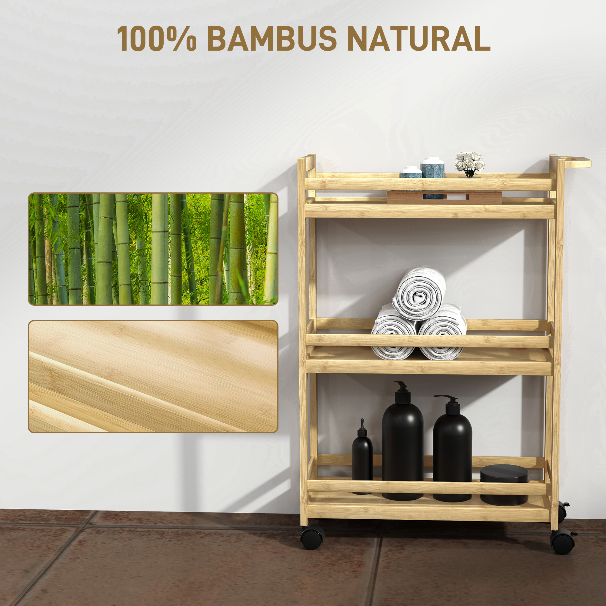  Raft de Baie din Bambus cu 3 Niveluri, Carucior Organizator cu Roti pentru Bucatarie, Baie, Living, 55 x 20 x 75 cm - Natural [5]