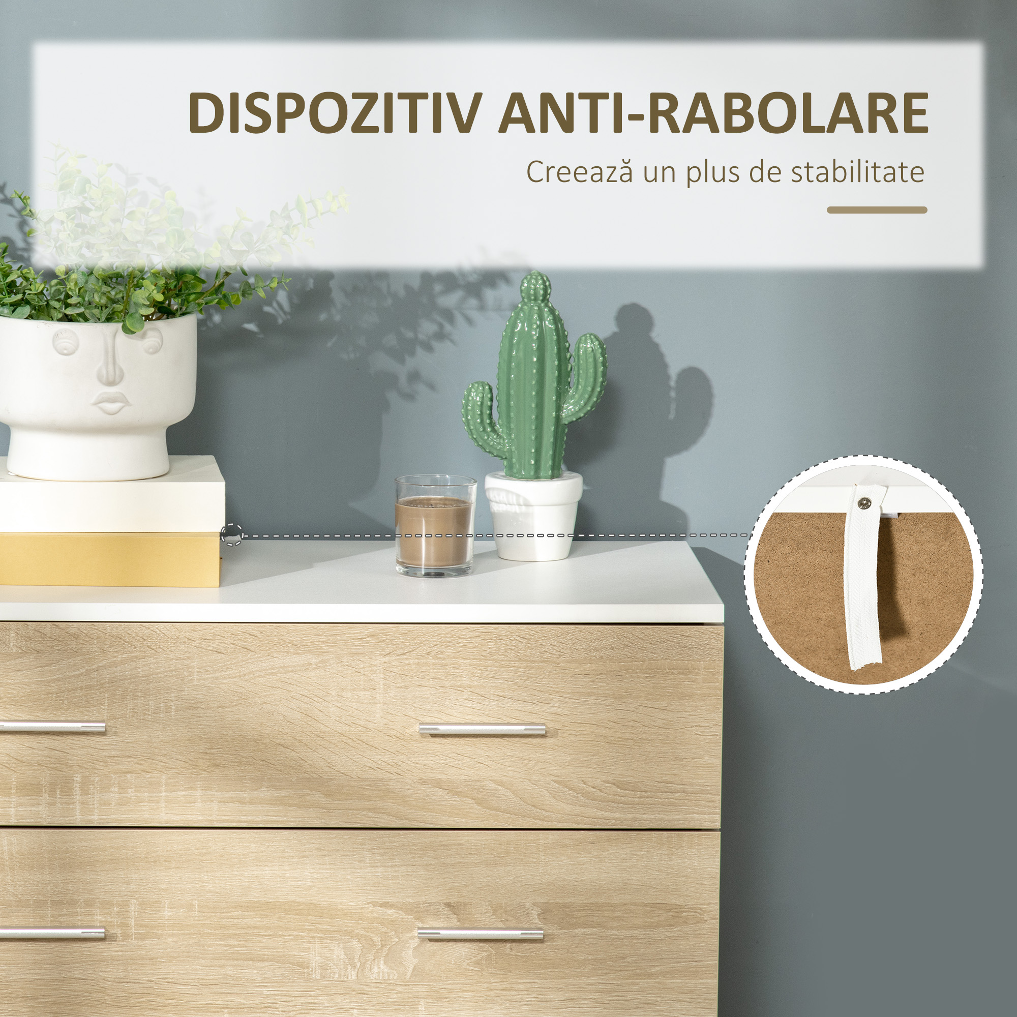  Comoda cu 4 Sertare, Manere din Aluminiu si Structura din Lemn, 76x35x72cm, Alb si Stejar [4]