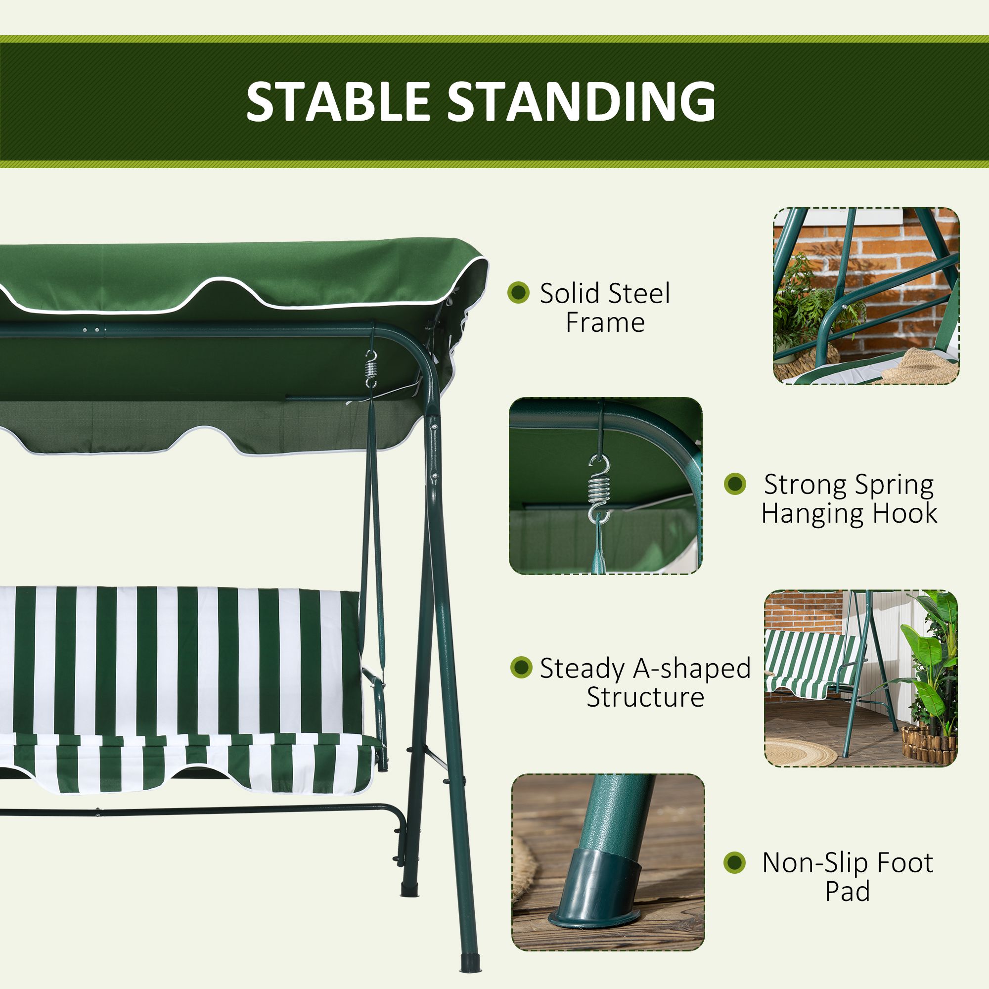  Balansoar de Gradina 3 Locuri Acoperis Parasolar si Structura din Otel si Poliester, 172x110x153 cm, Alb si Verde [4]