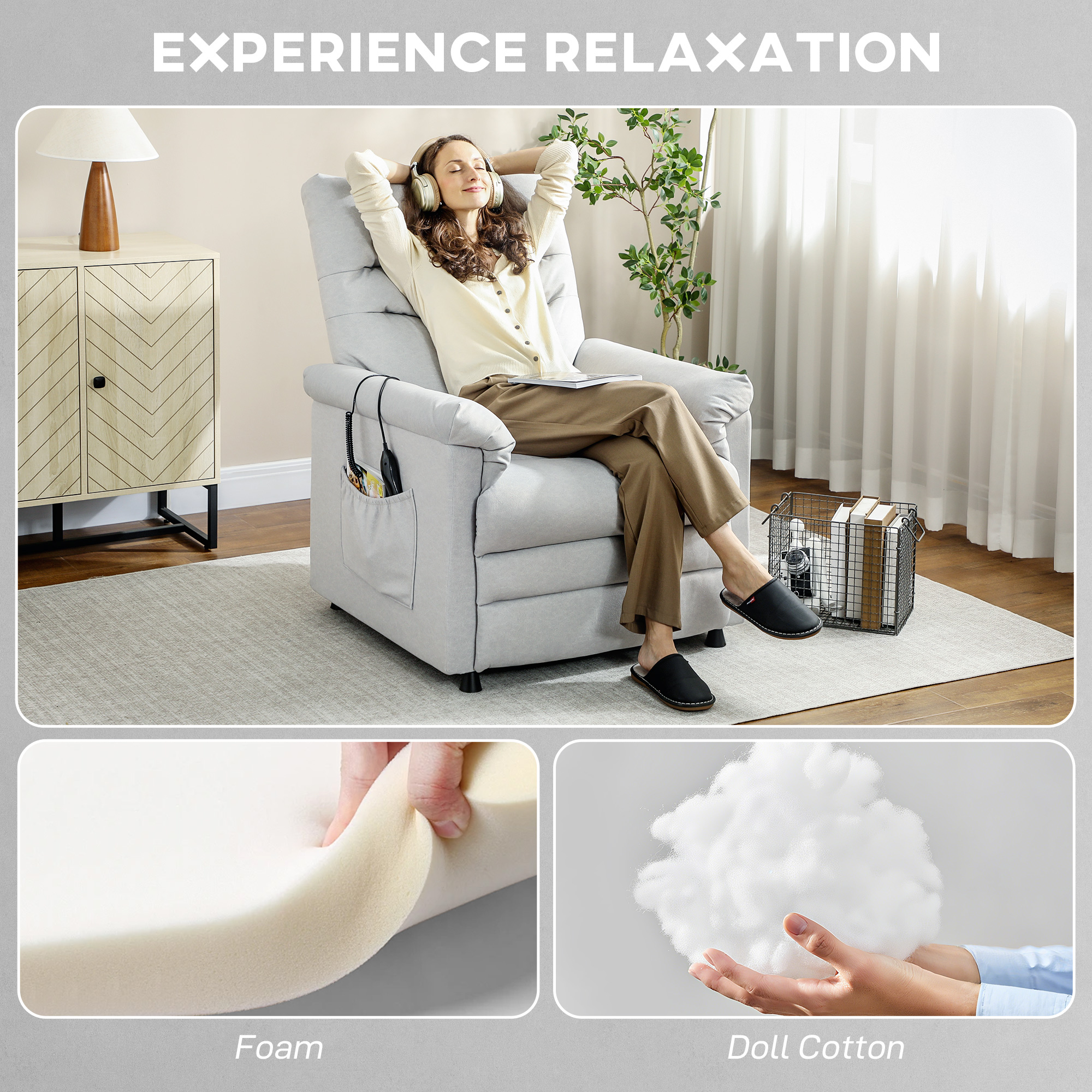  Fotoliu Reclinabil cu Suport pentru Picioare, incalzire, 8 Puncte de Masaj si 5 Moduri, Material Velur, Gri [7]