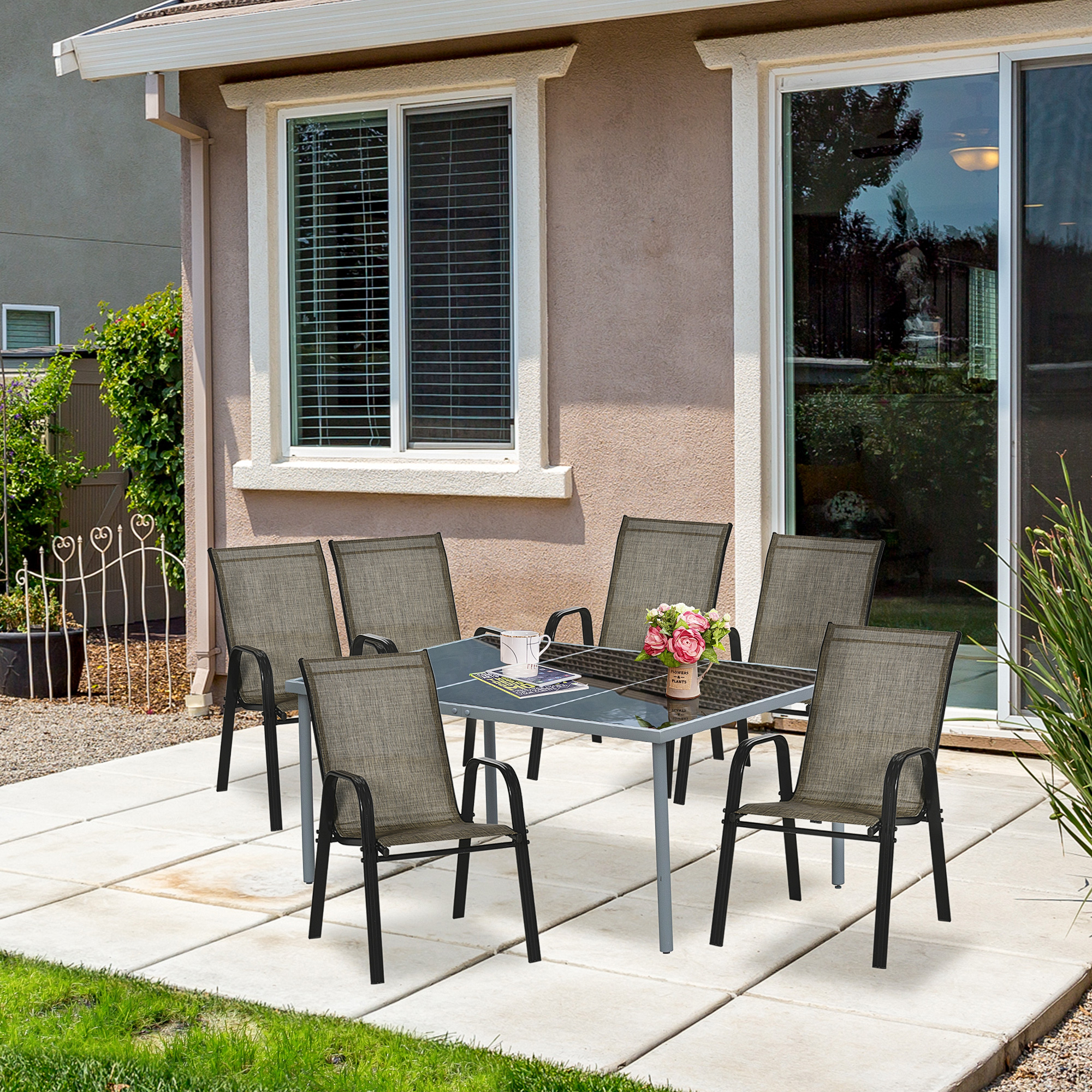  Set 6 Piese Scaune de Gradina cu Cotiere, Scaune de Exterior Stivuibile din Metal si Tesatura Respirabila, Maro [8]