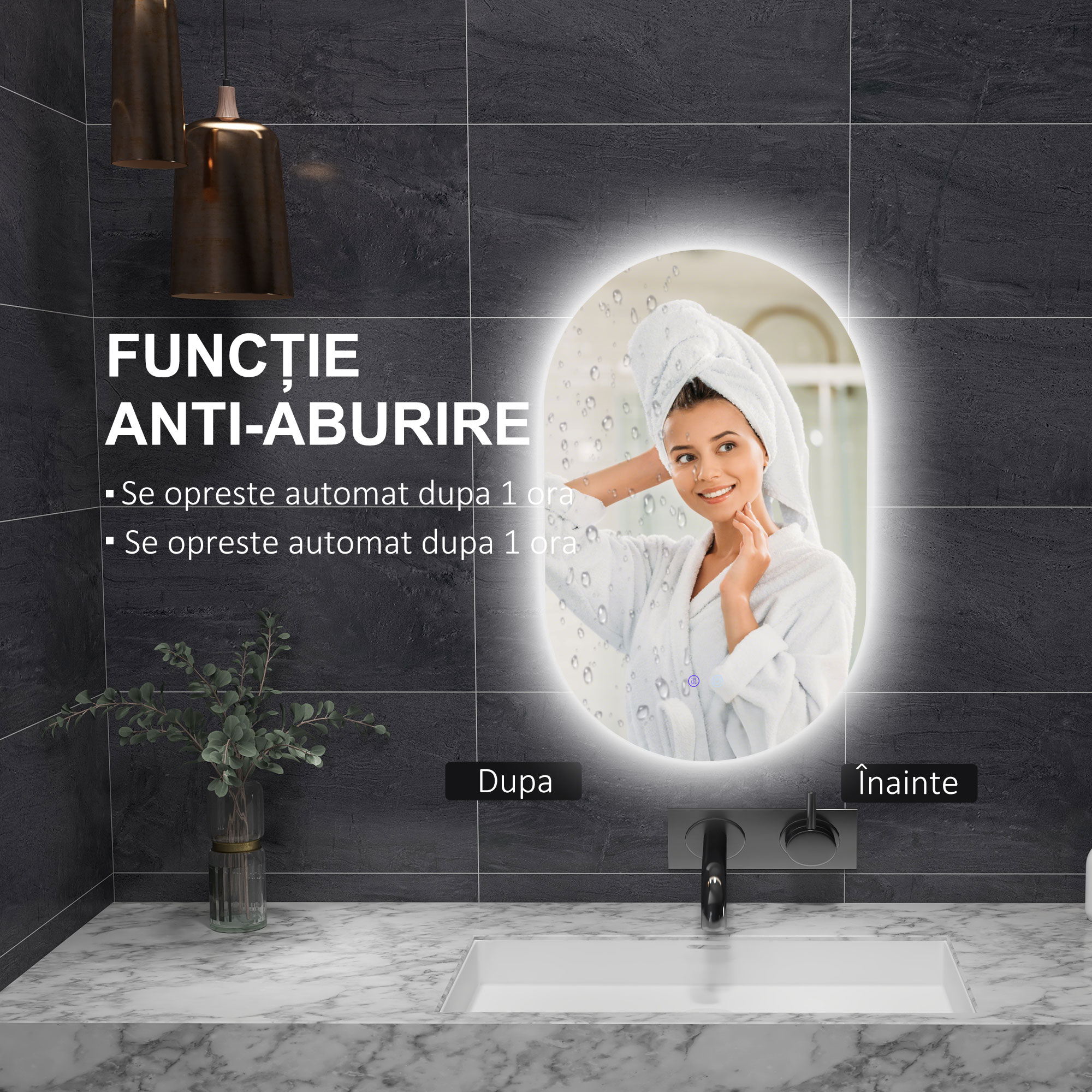  Oglinda de Baie LED Antiaburire cu Luminozitate Reglabila, din Sticla si Aluminiu, 81x51x4.5 cm [4]